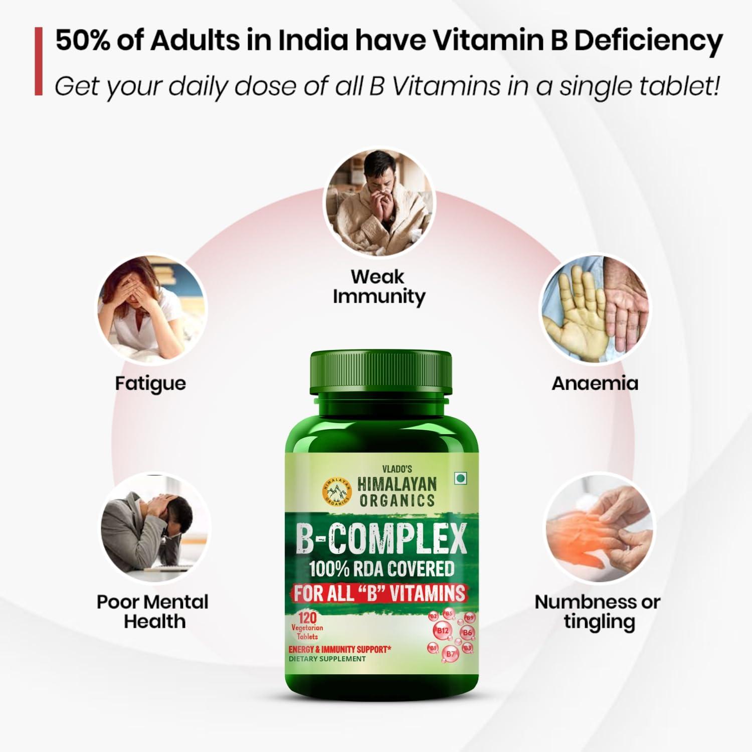 HIMALAYAN ORGANICS Himalayan Organics Vitamin B Complex with 100% RDA B1, B2, B3, B5, B6, B7, B9 & B12 | Hair Growth, Energy & Immunity | Youthful Skin - 120 Veg Tablets
