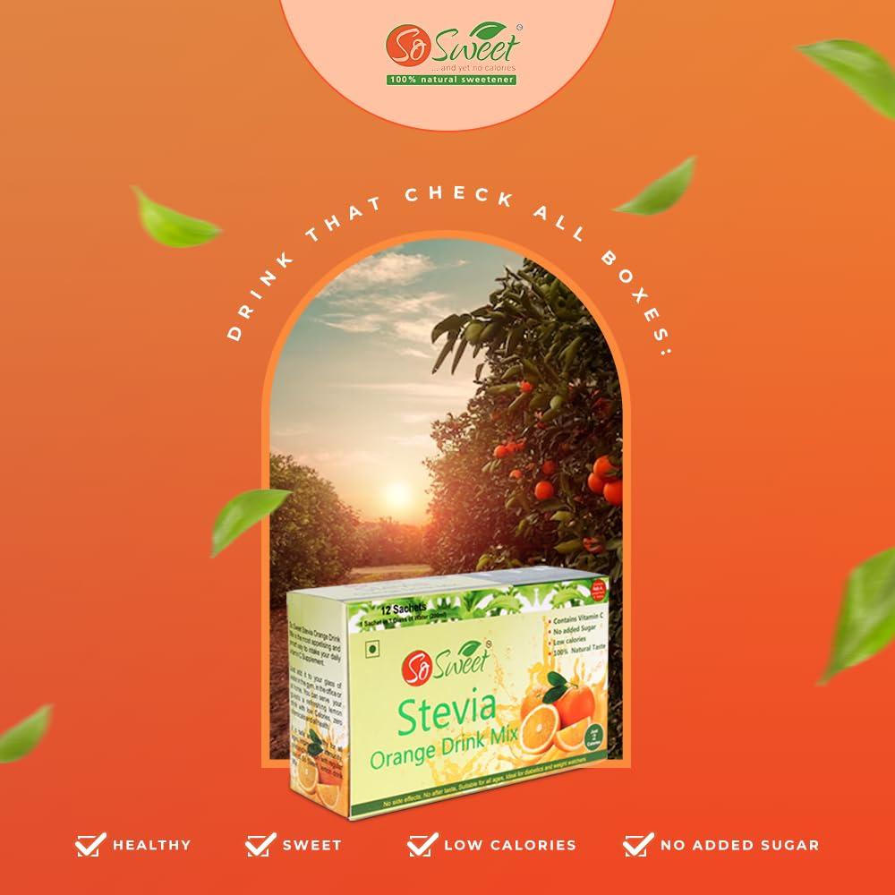 So sweet So Sweet Stevia Orange Instant Drink Mix Sugar Free | Zero Calories| Enrich with Vitamin C | 12 Sachets -Pack of 5