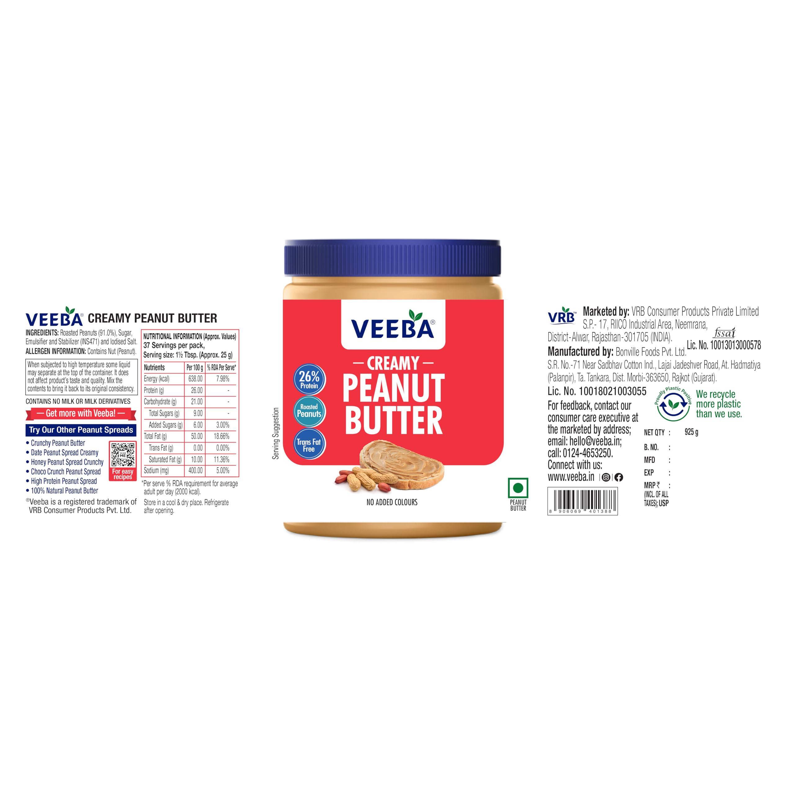 VEEBA Veeba Creamy Peanut Butter| High Protein | Naturally Gluten Free | Vegan | Trans Fat Free | No Added Preservatives | No Added Colour & Flavour | Non GMO | 925g