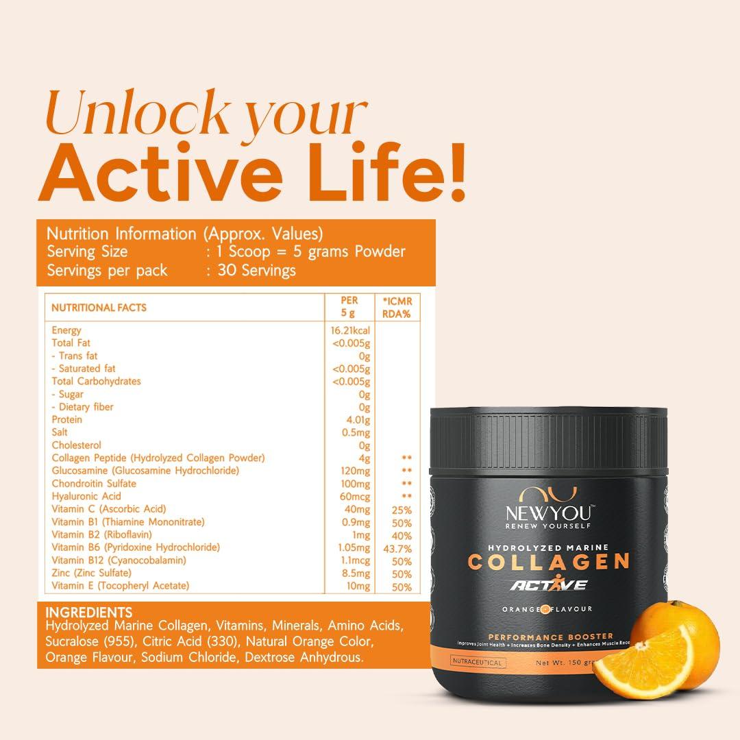 NEWYOU NewYou Collagen Active Performance Booster | Enhances Joint Movement, Bone Strength & Flexibility | Helps Reduce Back & Knee Pain | Japanese Marine Collagen + Glucosamine + Hyalu