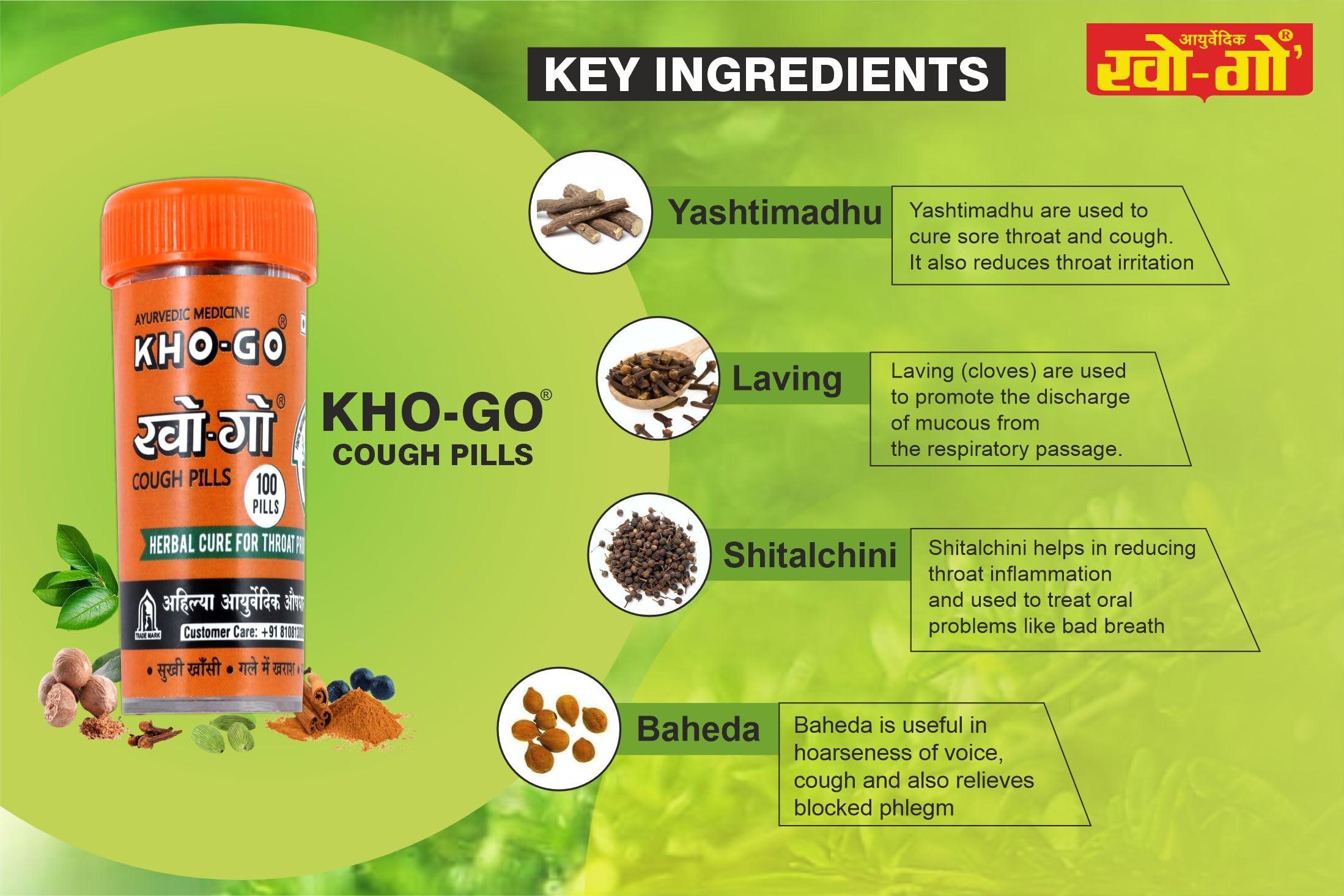 KHO-GO Khogo Pills For Cough & Sore Throat, Ayurvedic Tablets For Seasonal Cough & Bad Breath, 100 Pills in each Btl, 100 Tab, Pack Of 4