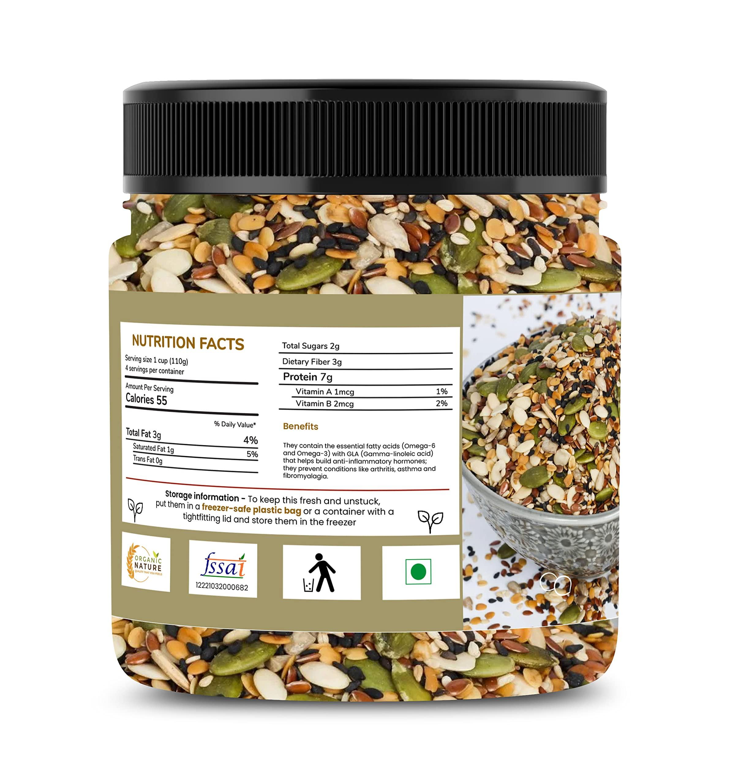 ORGANIC NATURE Organic Nature Edible Healthy Seeds 6-in-1 Raw Seeds Mix 250 gm | Pumpkin, Sunflower, Chia, Flax, Watermelon, Sesame Seeds| Jar Pack| (1Kg (Pack of 4 of 250 Grams))