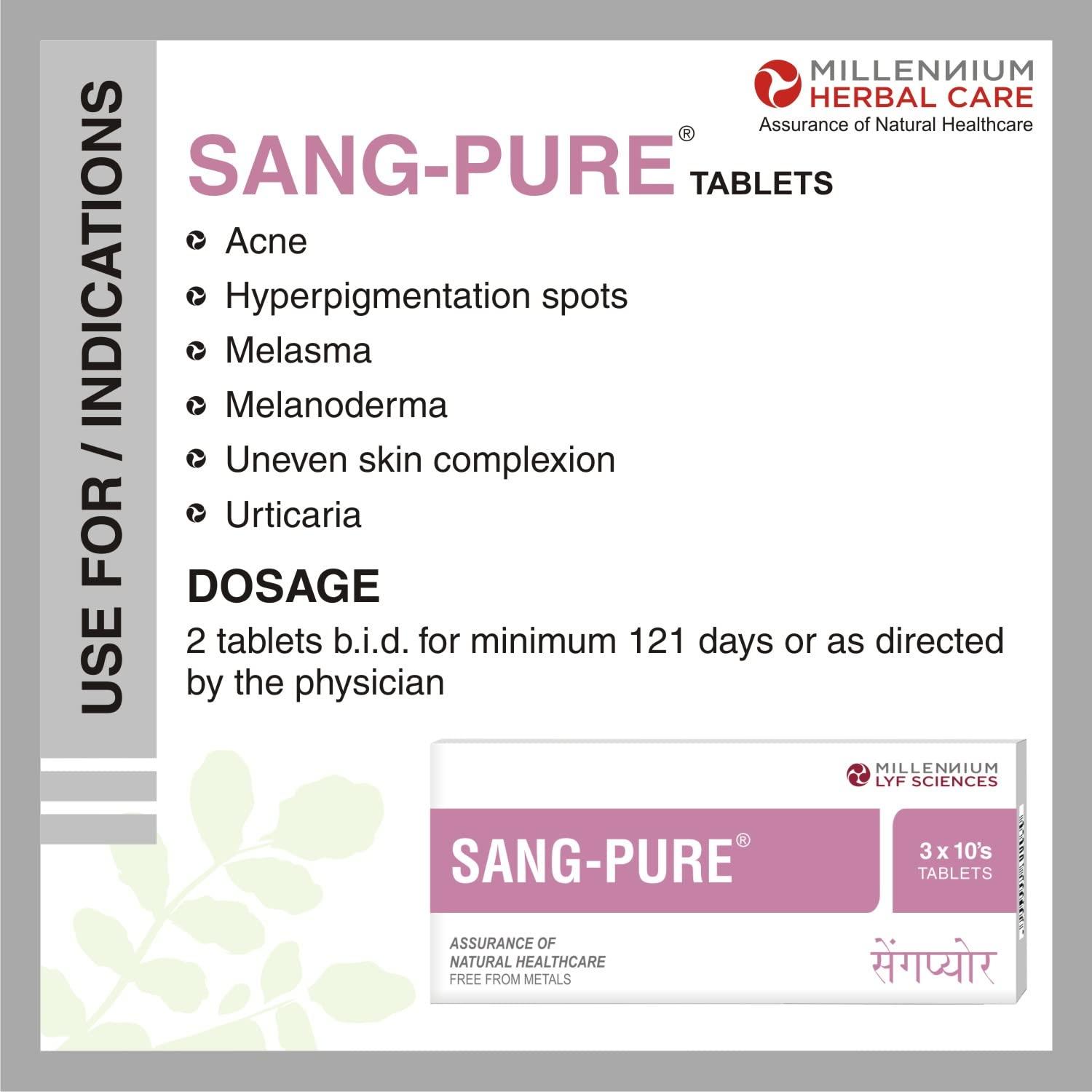 Millennium Herbal Care Millennium Herbal Care SANG-PURE Tablets | Ayurvedic Herbal Supplement to Control Acne, Hyper-pigmentation & Promote Beauty from Within | 120 Tablets