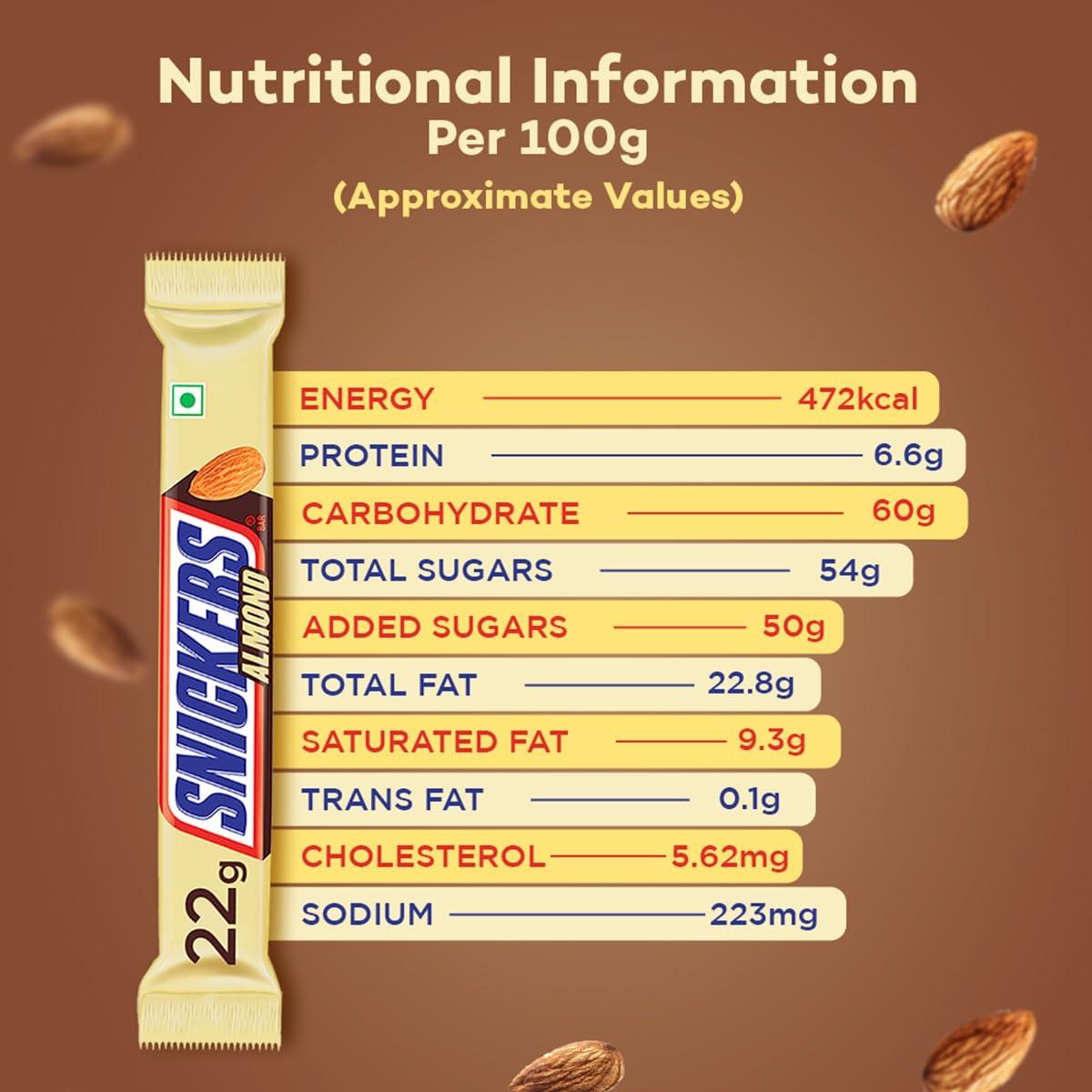 Snickers Snickers Almond Filled Chocolate Bar | Loaded with Delicious & Nutritious Roasted Almonds and Rich Caramel | Premium Chocolate for Sharing | 22 g | Pack of 24