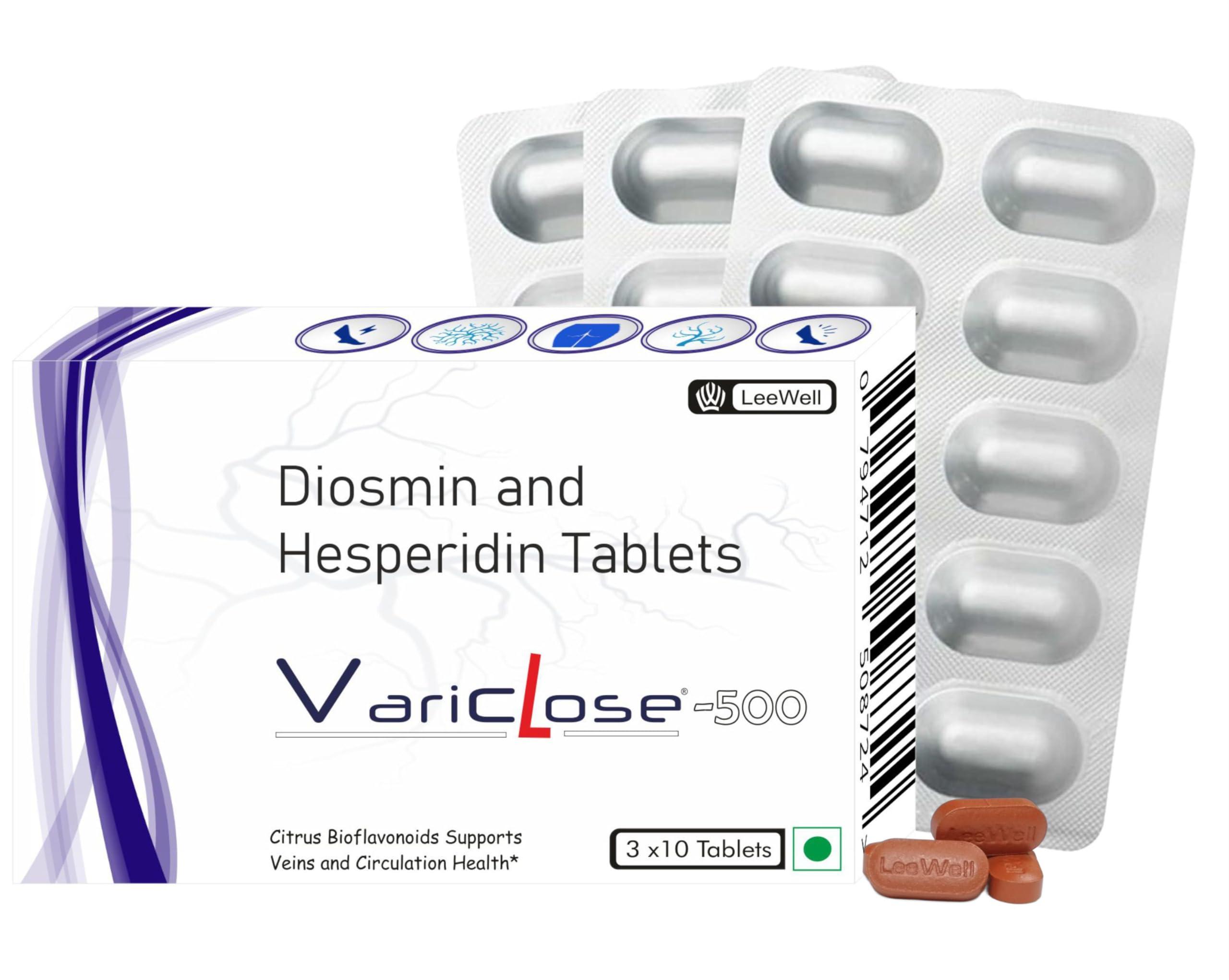 VARICLOSE Variclose -500 Advanced Support for Varicose Veins | Helps Strengthens Vein Wall & Improve Micro Circulation | Plant-based Nutrition for Restless Legs Health & Enlarged Vein discomfort | Citrus bioflavonoids Diosmin 450mg Hesperidin 50mg - 30 tablets