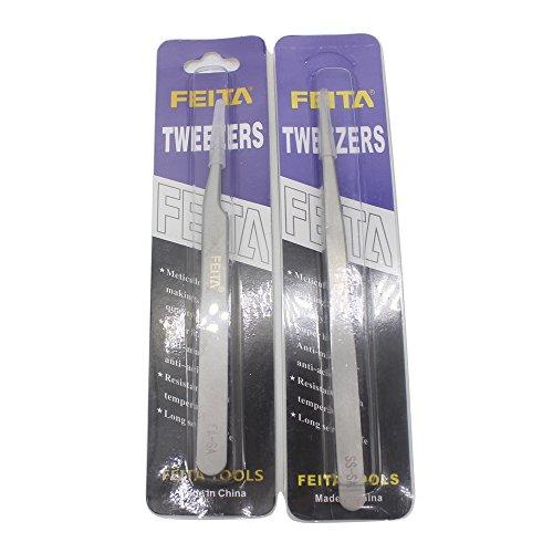 FEITA FEITA Precision Tweezers Stainless Steel Straight & Slanted Tip Best Tweezers Professional Set for Eyelash Extension, Craft, Jewelry, Eyebrow & Ingrown Hair Removal (SS&5A-SA 2Pcs)