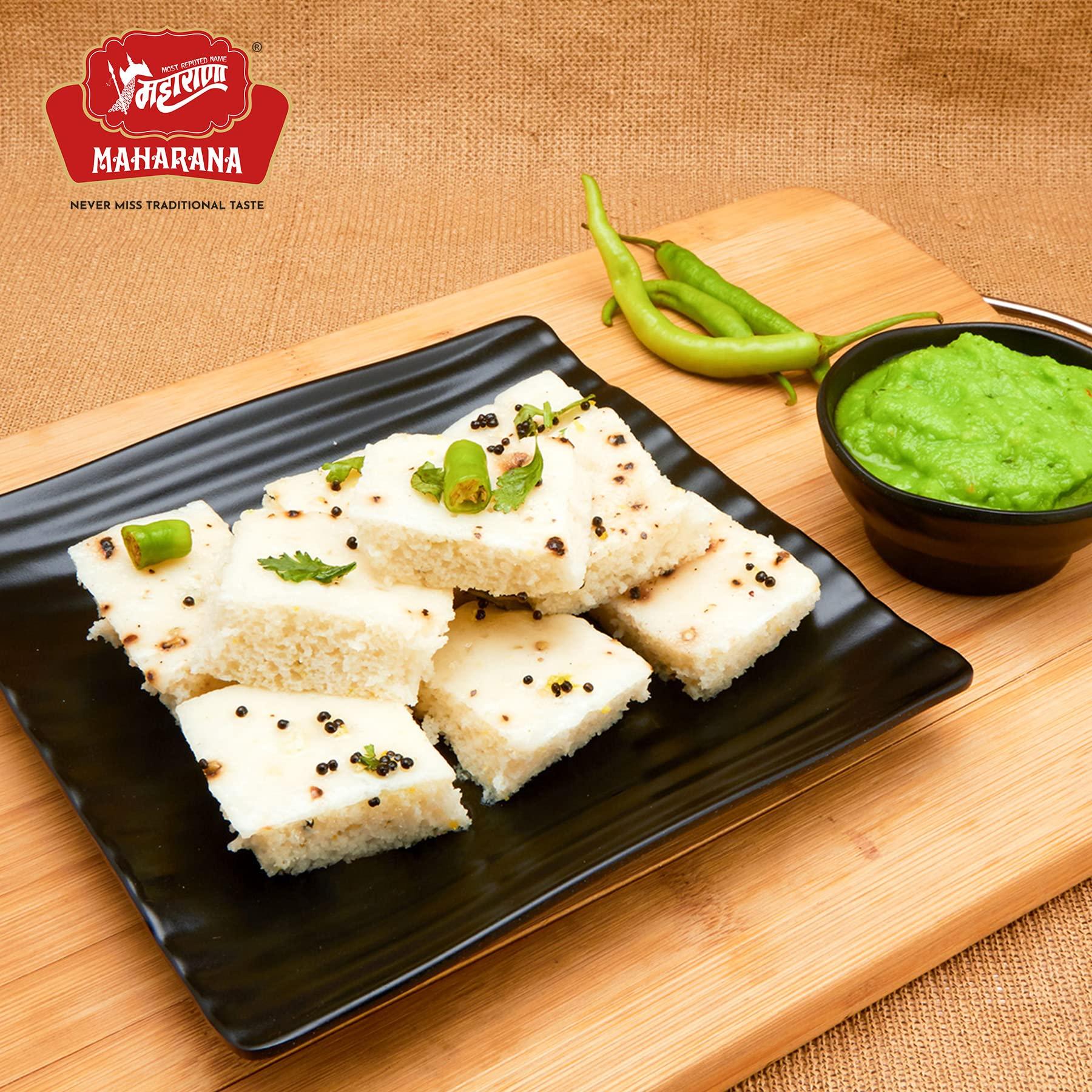 MAHARANA Maharana Gujrati Khatta idada- Made with Softest and Spongiest White Steamed Dhokla Or Idada Taste of Spicy & Tangy Snacks Hot Along with Green Chutney Escorted by As Breakfast. (10)