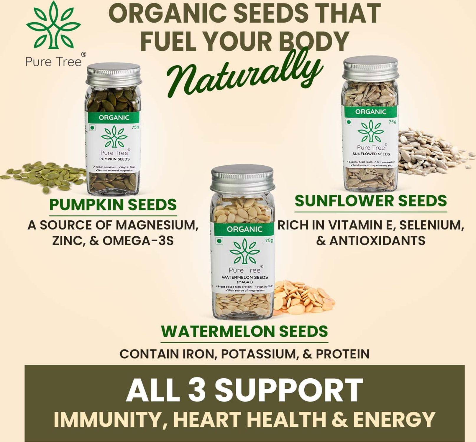 Pure Tree Pure Tree Certified Organic Pumpkin Seeds, Sunflower Seeds, Watermelon Seeds | 75 g Each | Glass Jar | Surajmukhi ke beej, Magaj Seeds, Kaddu Ke Beej, Mix Seeds For Eating | Raw Healthy Seeds Combo Pack