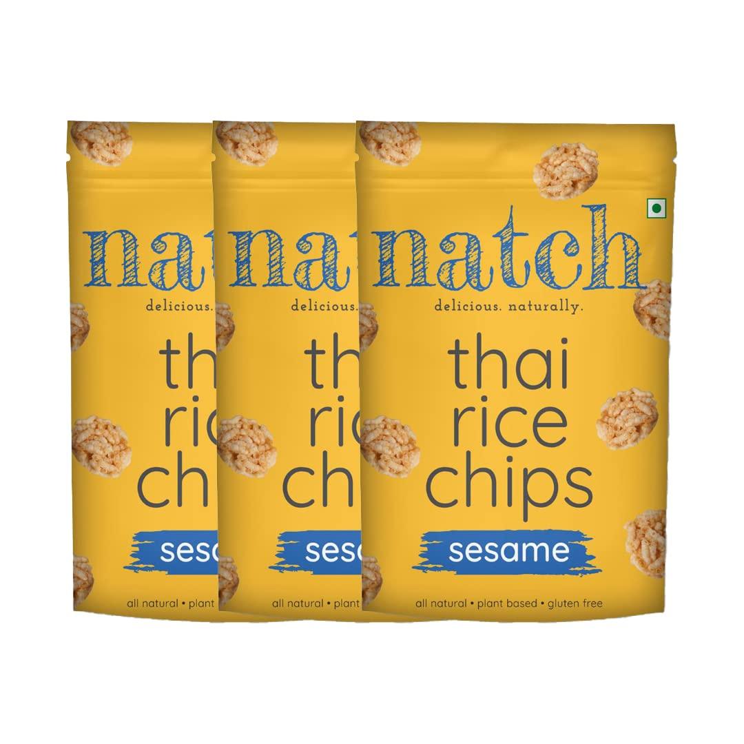 natch Natch Thai Sticky Rice Chips, Gluten Free, Party Family Pack, Vegan, All Natural Crunchy Crackers (Sesame) 100 Gm (Pack of 3)
