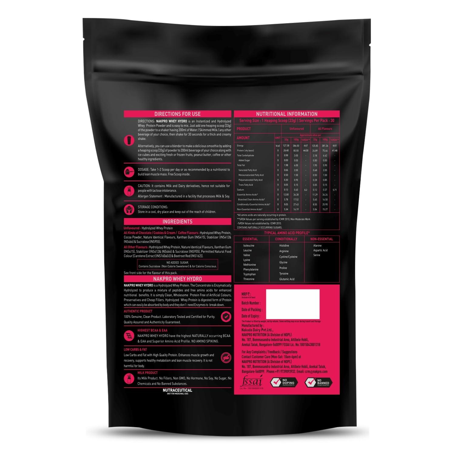 NAKPRO NAKPRO HYDRO Whey Protein Hydrolyzed | 25.4g Protein, 5.8g BCAA | Easy Mixing, Low Carbs, Easy Digesting Whey Protein Supplement Powder for Men, Women & Athletes | 1 Kg (Banana)