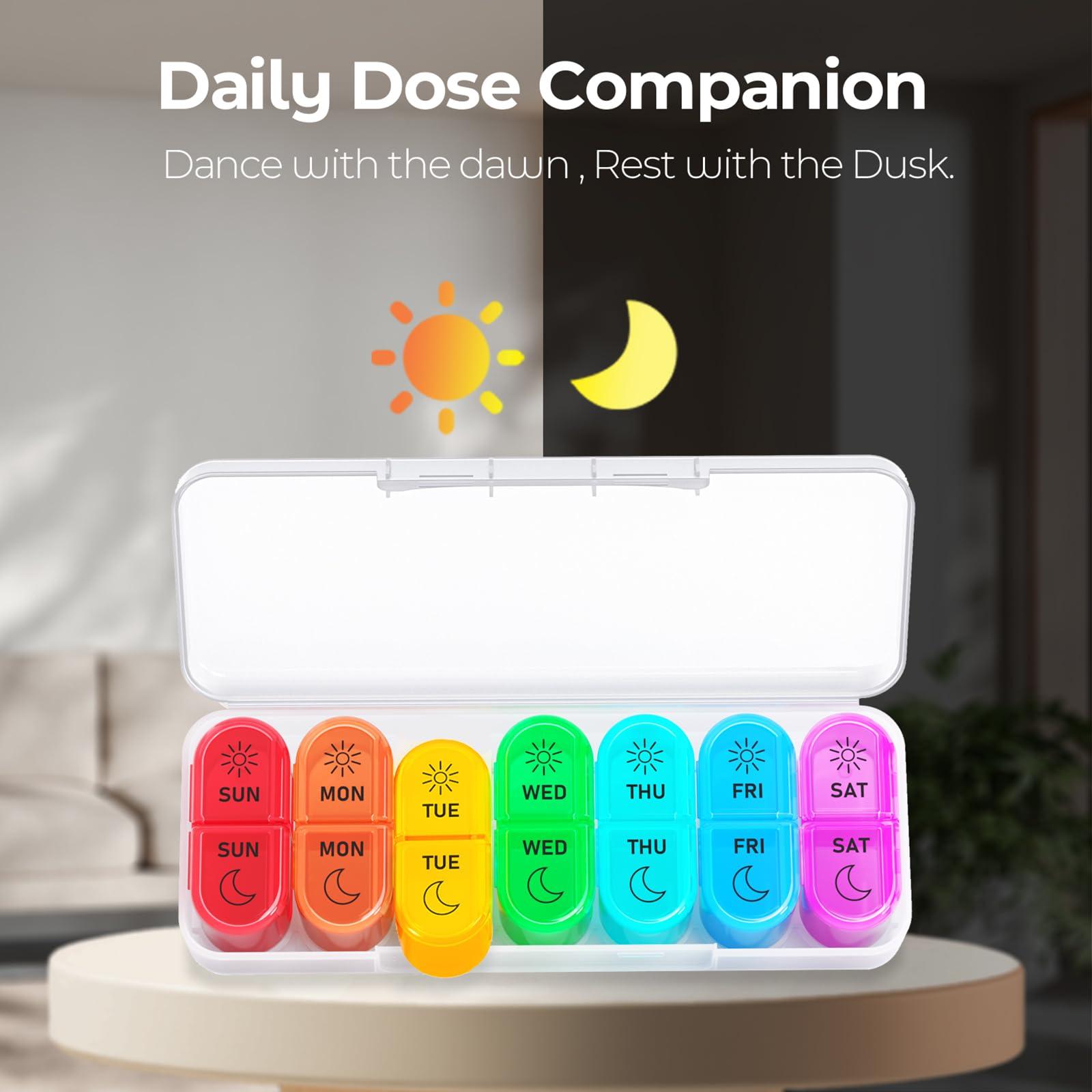 Windtrace 7 Days AM PM Pill Organizer - 2 Times a Day Large Weekly Pills Case, BPA-Free Pills Box Container Cases, Morning and Night Pill Boxes with Unique Push-Button Pop Open Design Hold Vitamin, Medicine