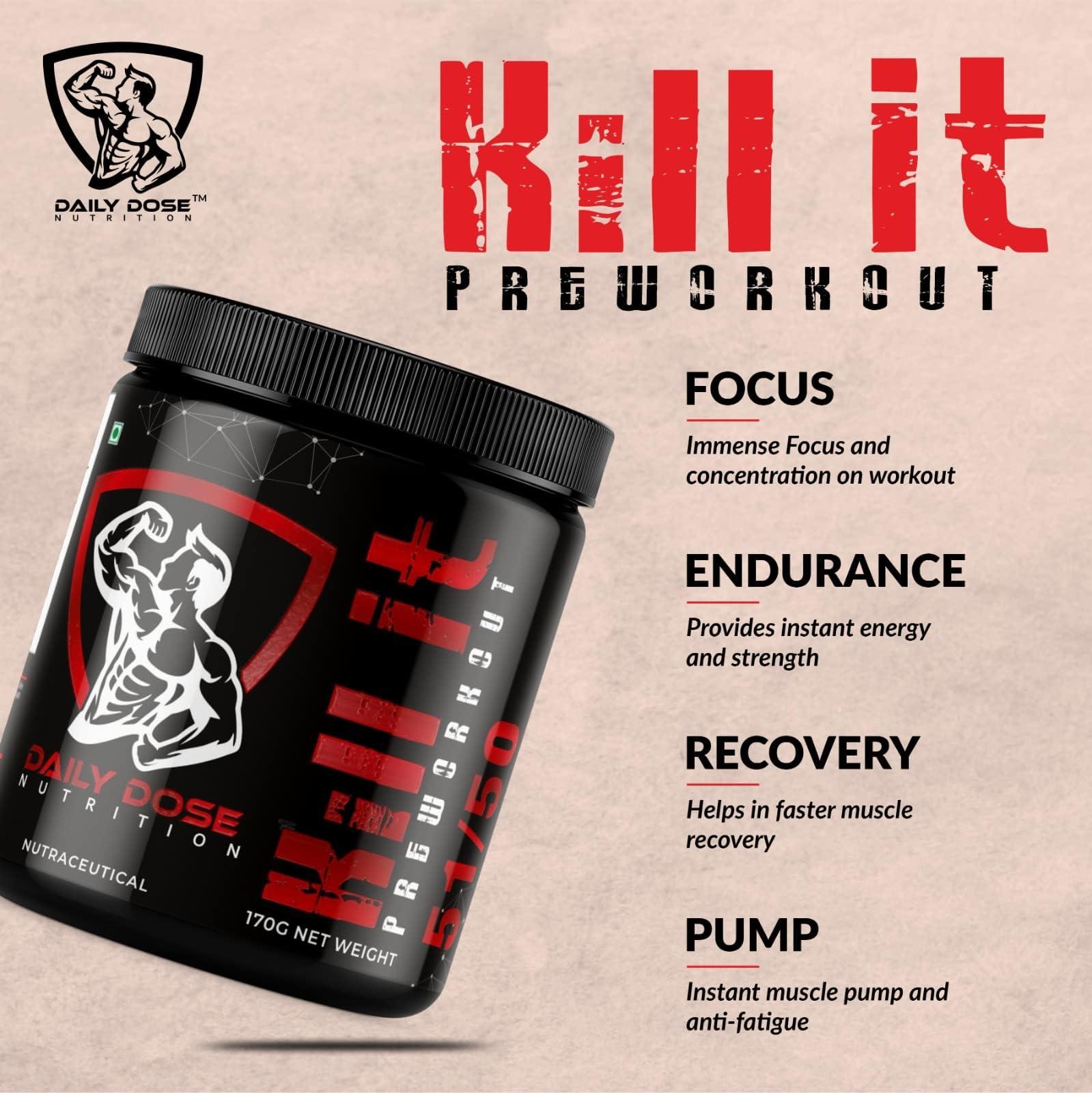 DAILY DOSE NUTRITION DAILY DOSE NUTRITION Kill-It Pre Workout Supplement for Energy, Pump & Endurance | Extreme Performance with L-Arginine Citrulline, Creatine Monohydrate, Beta Alanine, Caffeine & AAKG | Energy, Strength, Stamina, Focus and Intense Muscle Pump [40 Serv