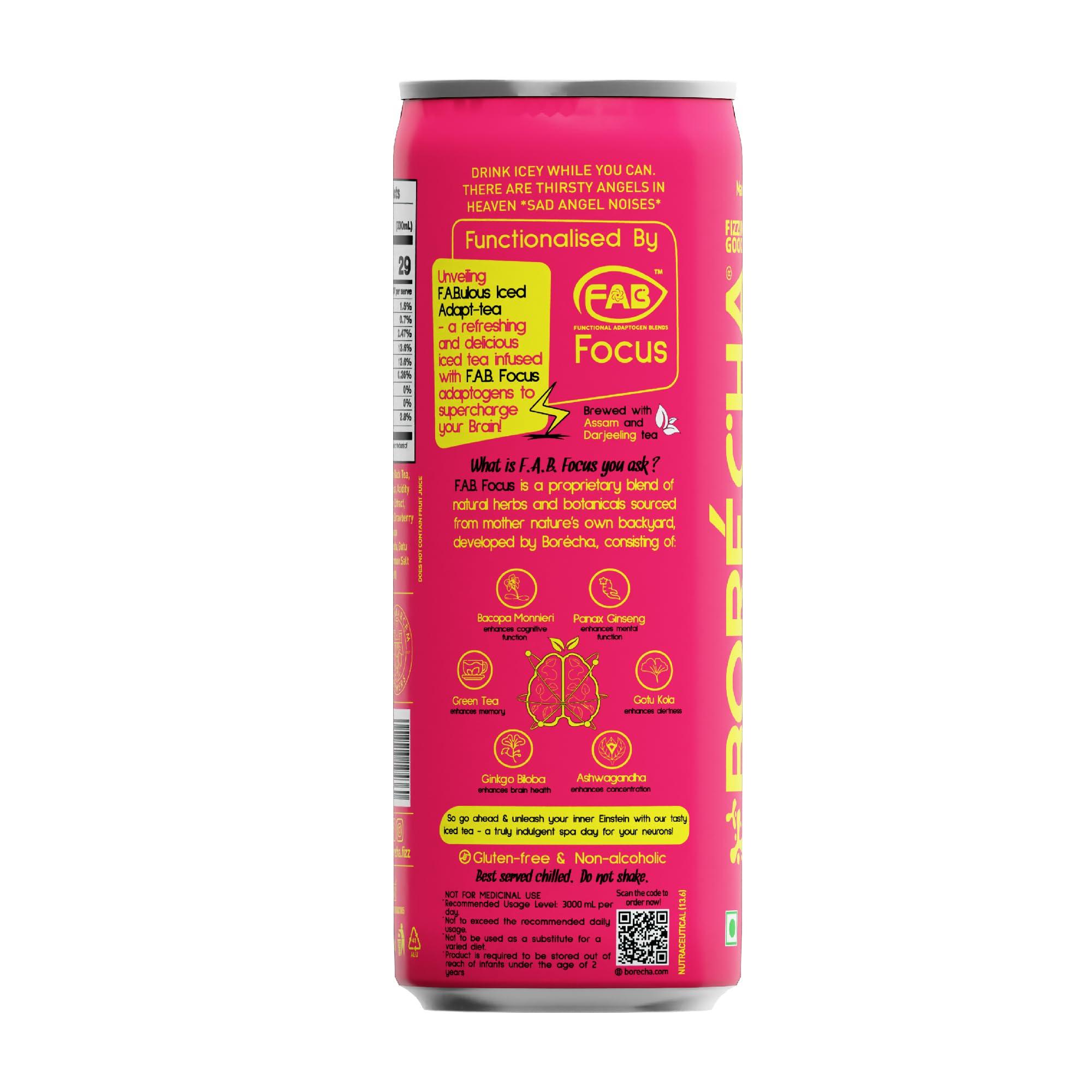 Borcha Borcha ICEY Sparkling Iced Tea 330ml | Cold Brewed | Gut Friendly | Gluten free | Vegan and Unpasteurised | Natural Functional Beverage | (Strawberry Lemonade, Pack Of 12)