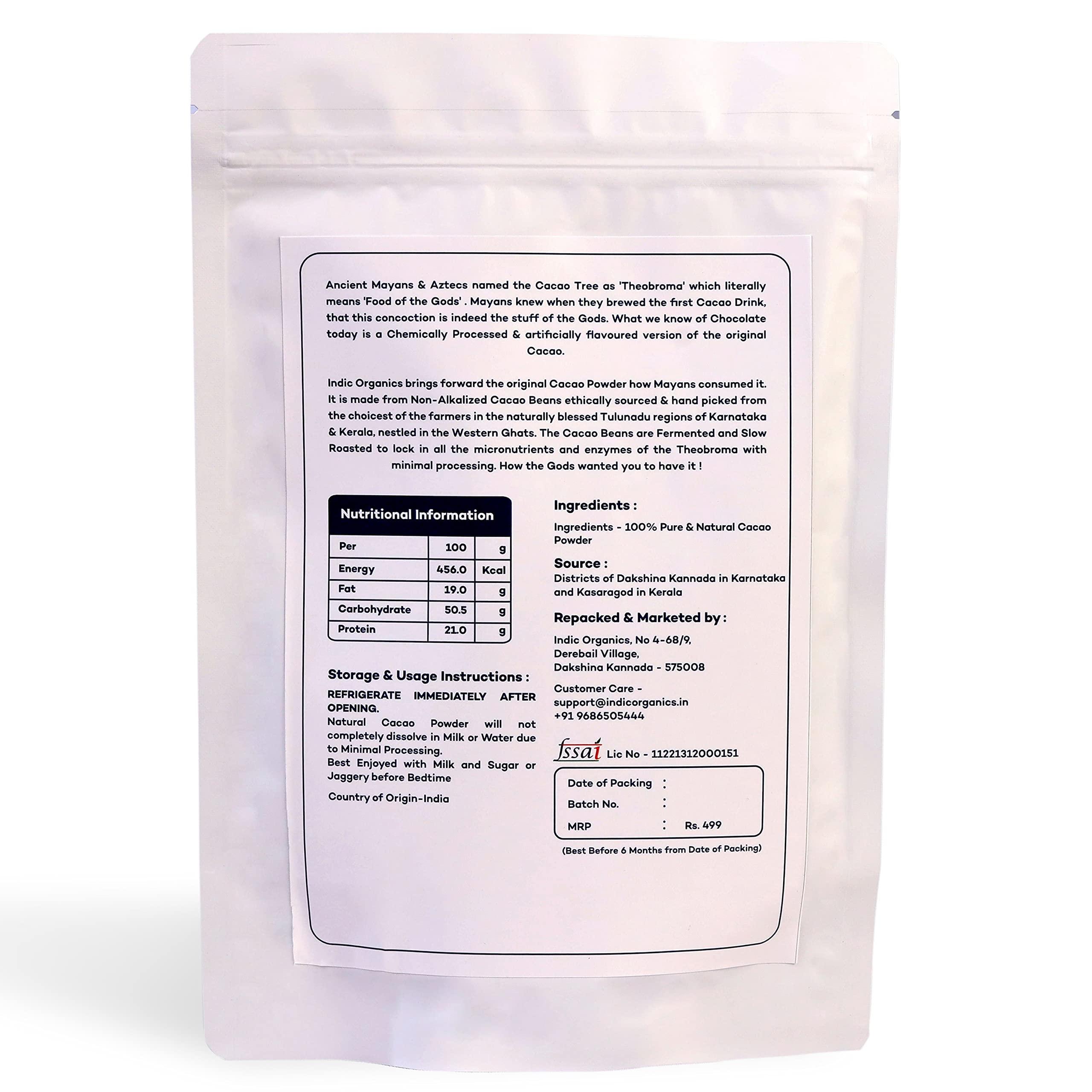 INDIC ORGANICS INDIC ORGANICS Artisanal Cacao Powder From Tulunadu Region Of Karnataka & Kerala | Non-Alkalized, Unsweetened, Slow Roasted & Minimally Processed | For Hot Chocolate & Baking(250 Grams)