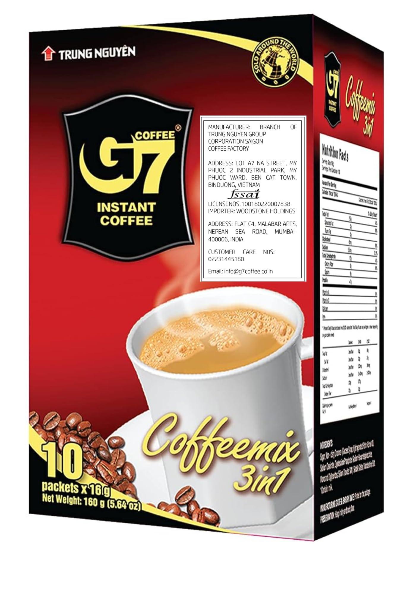 G7 G7 Trung Nguyen 3 in 1 Instant Coffee Vietnamese Premium Gourmet Premix Soluble Non Dairy Creamer Ground Coffee Box with Sugar (10 Sachets x 16Gms)- 160Gms