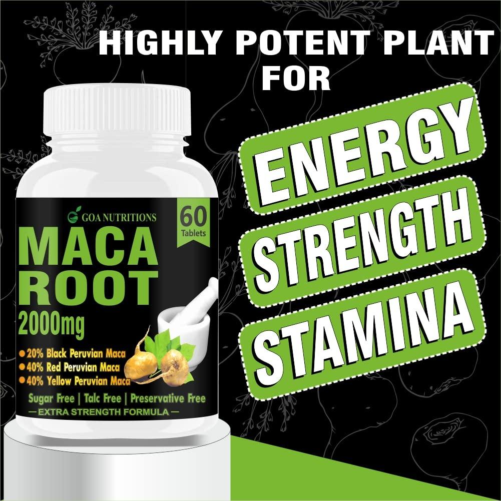 GOA NUTRITIONS GOA NUTRITIONS Maca Root Extract Adaptogen Complex Red, Black and Yellow Grade, As Dietary Supplement, No Sugar, Preservatives, And Talc -60 Tablets (Pack 1)