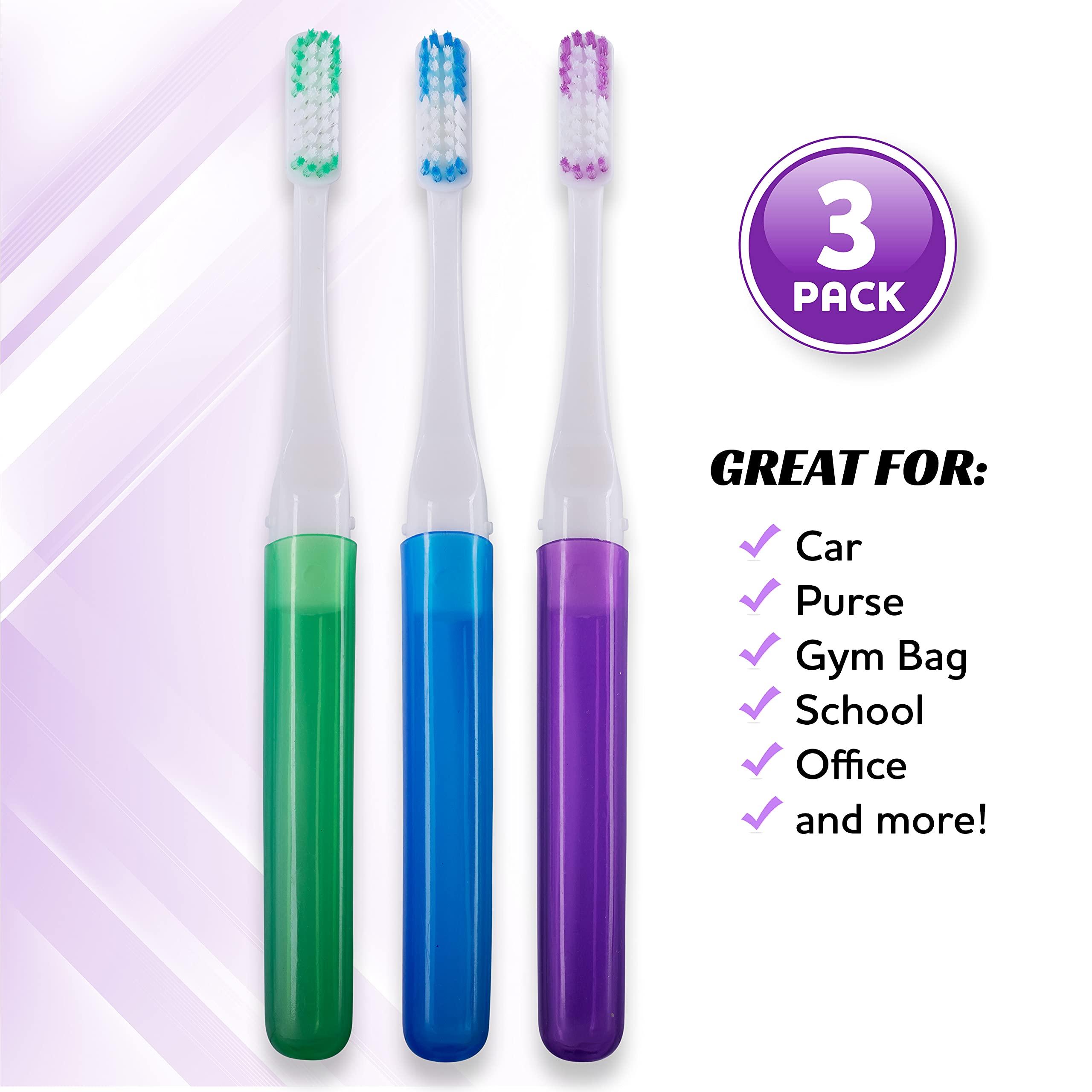 Lingito Travel Toothbrushes, Mini Toothbrush with Toothbrush Cover, Camping Toothbrush, Travel Size Toothbrush with Toothbrush Case Portable Toothbrush, Adults Travel Toothbrush Kit (3 Pack - Medium)