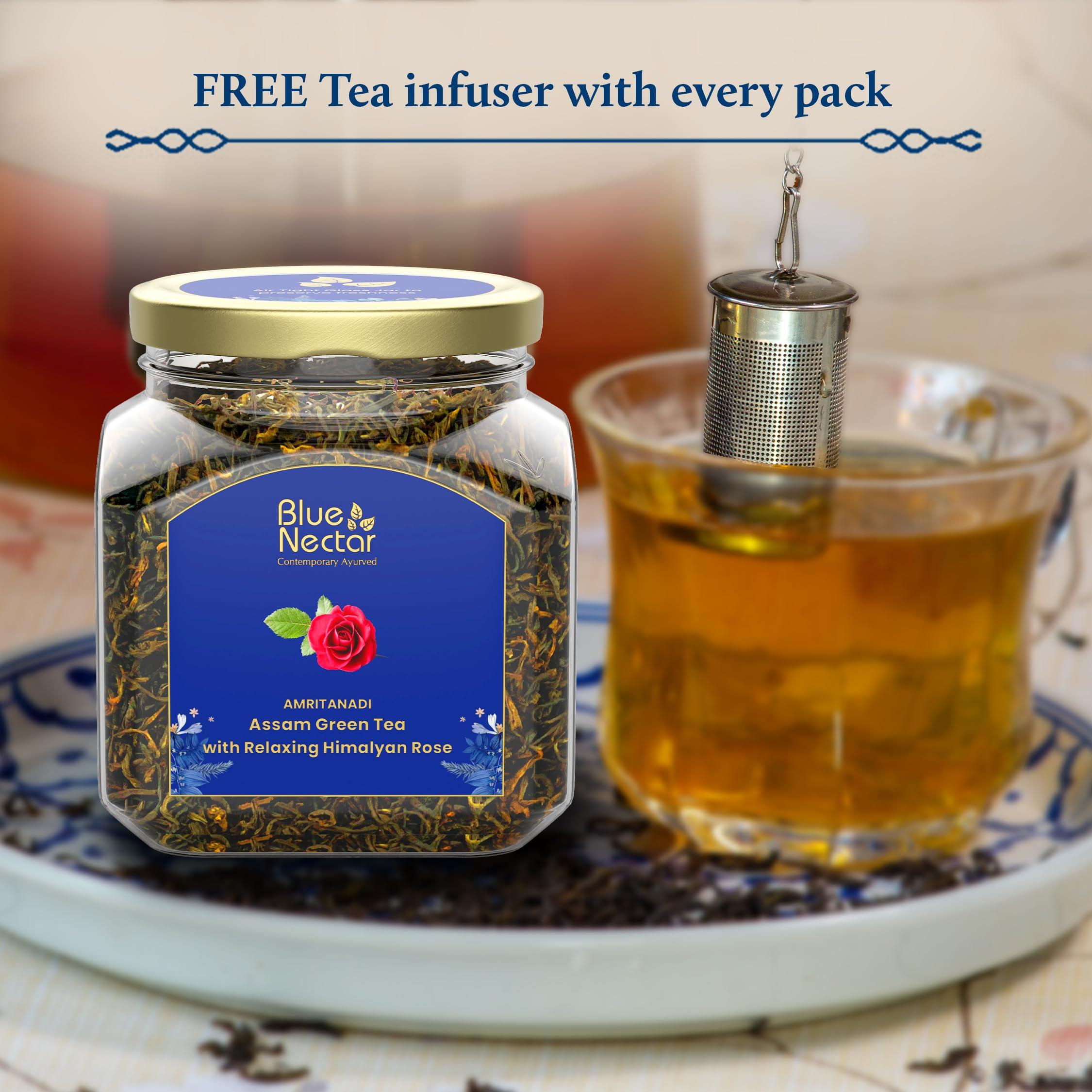 Blue Nectar Blue Nectar Amritanadi Assam Rose Green Tea Leaves with Himalayan Rose (50 g + 15 g FREE| 33 cups). Loose Green Tea Leaves with No Tea Dust. Only Leaf Green Tea