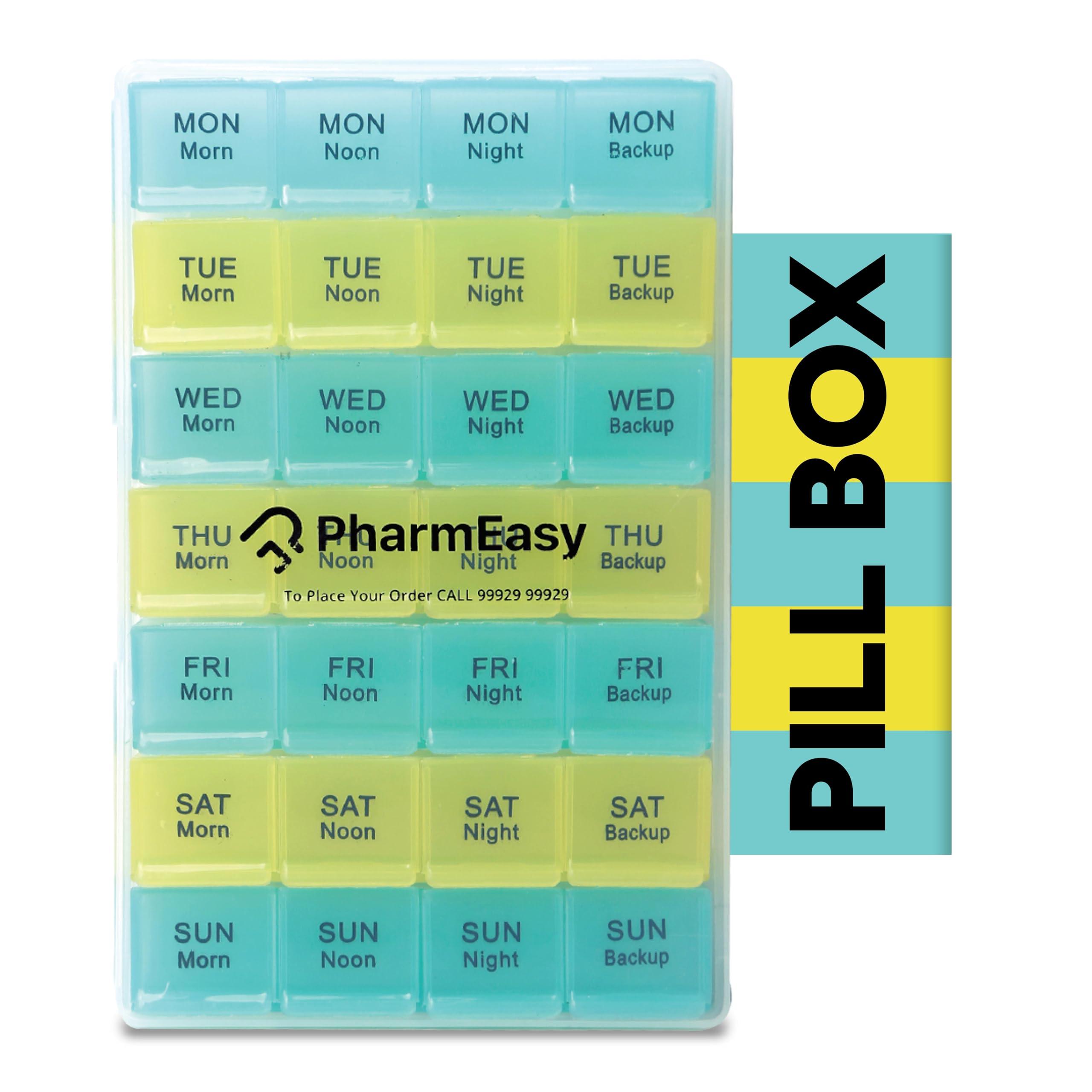 LivEasy PharmEasy 7 Day Weekly Pill Box, Durable Medicine Organizer Box with Extra Large Multicoloured Compartments and BPA Free Material for Moisture Free Storage - Portable Tablet organiser Box