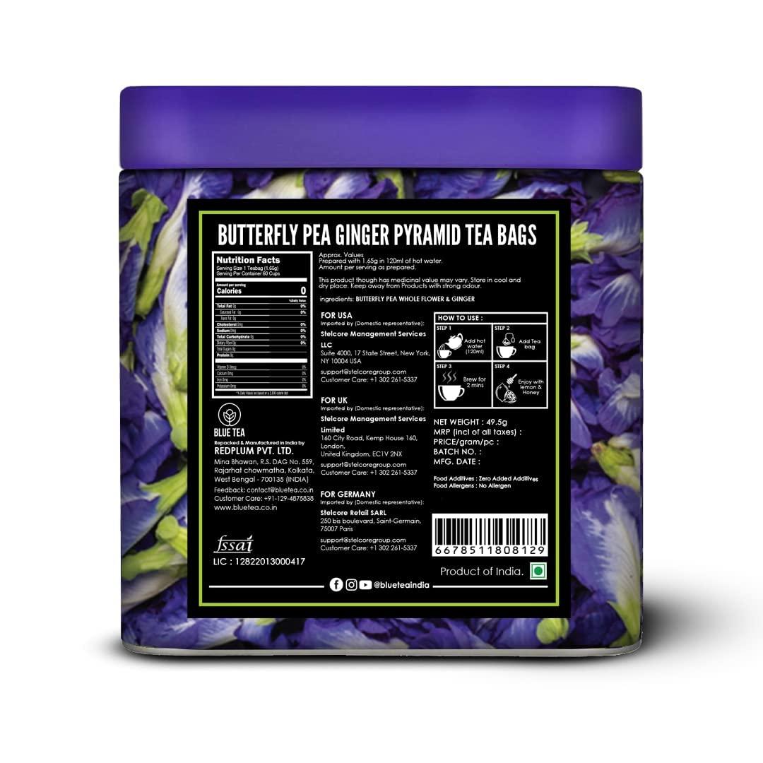 BLUE TEA BLUE TEA - Blue Flower Ginger Herbal Tea - 30 Tea Bags | PRIME SAVING DAY | Anti-Oxidant Rich | Detox Tea -Flower Based - Herbal Tea - Vegan - Caffeine Free - Natural Ingredients | Tin Pack
