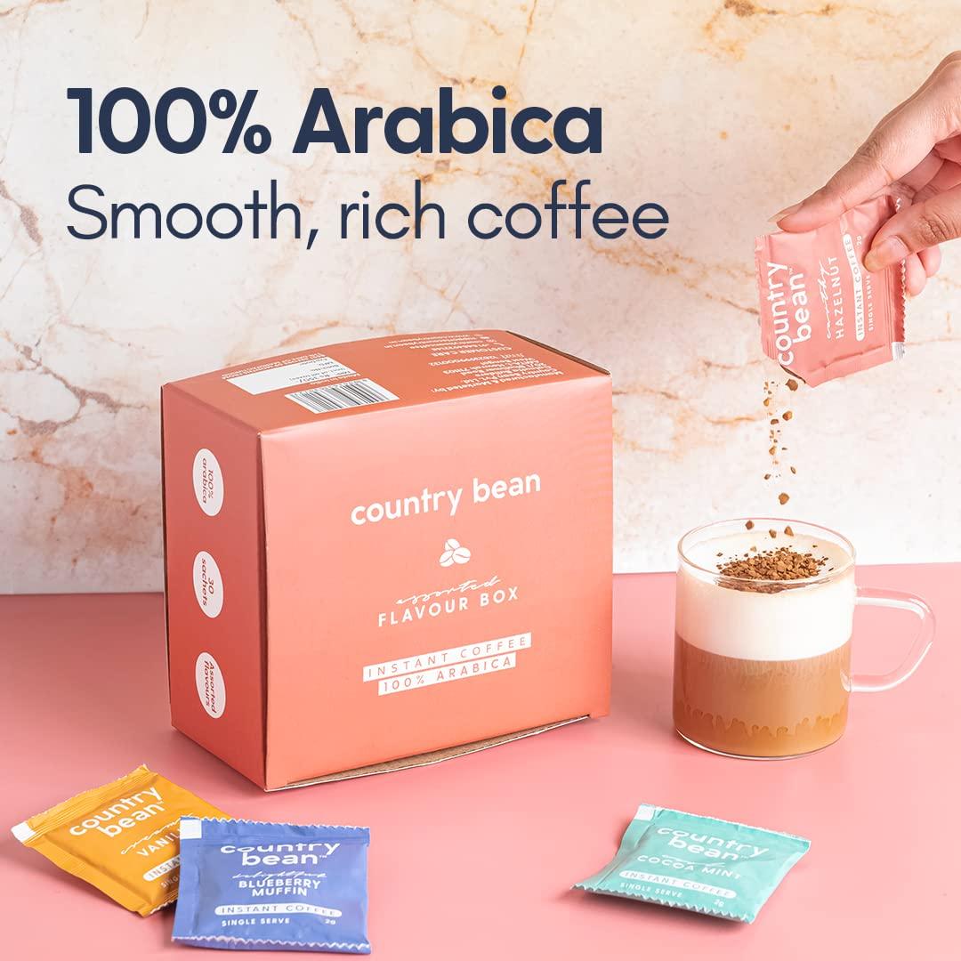 Country Bean Country Bean Assorted Flavour Box (2g x 30 sachets) | 100% Arabica Coffee, Freeze-dried, 6 Sachet Flavours - Hazelnut, Caramel, Vanilla, Original, Blueberry Muffin, Strawberry Cheesecake