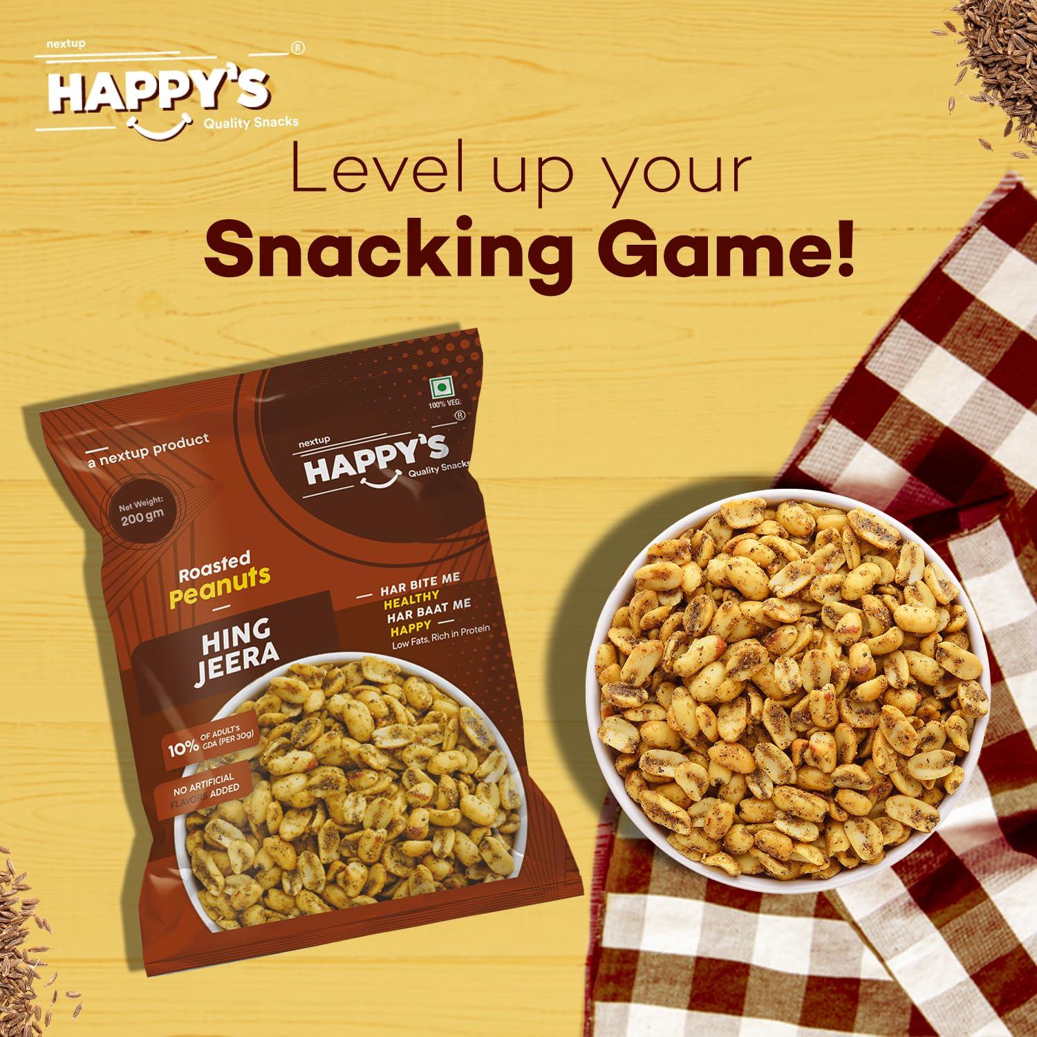 NEXT UP HAPPYS Happy\'s Roasted Peanuts, 200 gm| Pack of 2| Hing Jeera Peanuts| Low Fat| Rich in Protein| Roasted, not Fried| No Artificial Flavors| Healthy Snack for Anytime Snacking|