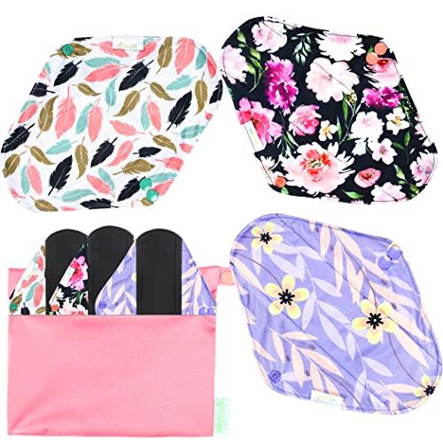 wegreeco Wegreeco Bamboo Reusable Sanitary Pads (Stylish Pattern) - Cloth Sanitary Pads | Light Incontinence Pads | Reusable Menstrual Pads - 6 Pack Pads, 1 Cloth Mini Wet Bag (Small, Flower 02)