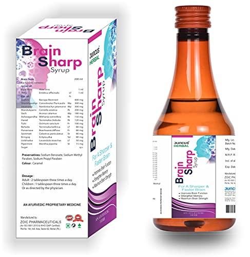 JUNCUS Brainsharp Ayurvedic Syrup (Pack of 4) for Memory, Focus, Concentration, Clarity, Learning and Accuracy With Brahmi, Shankhpushpi, Ashwagandha, Tulsi, Bhringraj - 200 ml