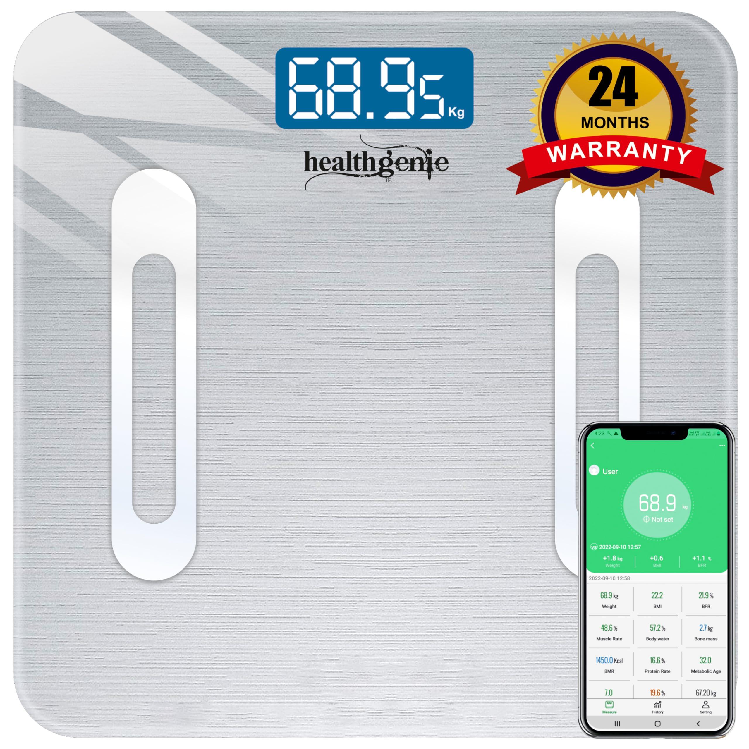 Healthgenie Healthgenie Smart Bmi Weight Machine For Body Weight With 18 Body Parameters Sync With Mobile App, 2 Yrs Warranty Bluetooth Weighing Machine Metallic Shine (Hb-411), 180 kg