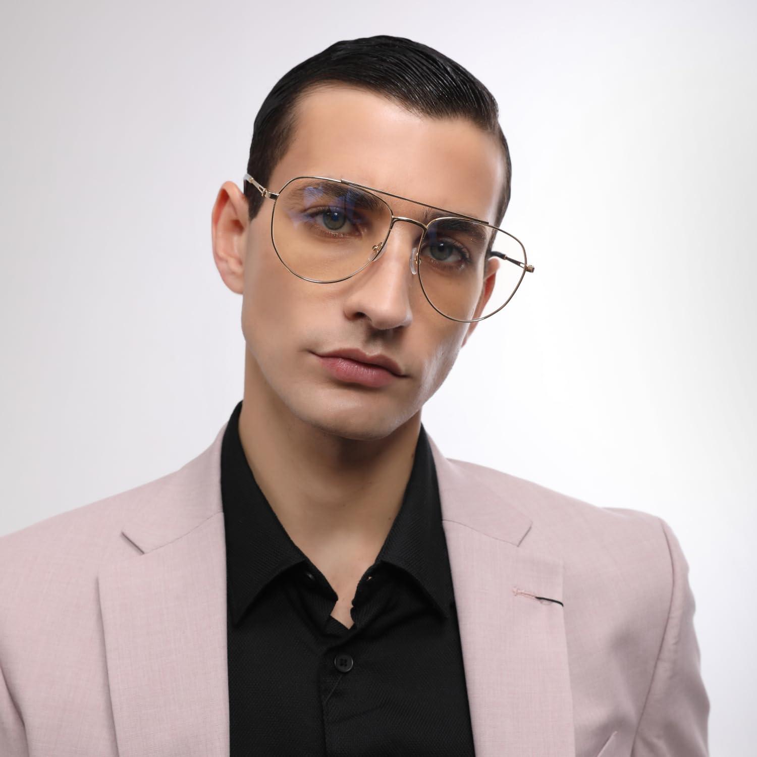 John Jacobs John Jacobs | Blue Cut & Antiglare Zero Power Computer Eyeglasses | Urban Elegance | Gold Full Rim Teardrop Shape | For Men & Women | Extra Wide | JJ E17072