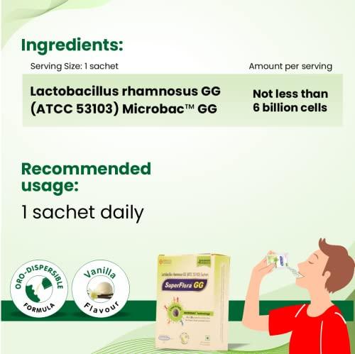 Sundyota Lifecare Sundyota's Superflora GG Probiotic Supplement | Eq. to 30 billion cells - 5X more probiotic activity | Probiotic for kids, men & women | Orodispersible vanilla flavored Sachets. (10 Sachets)