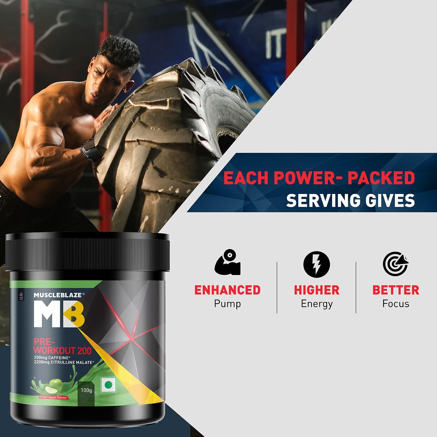 MuscleBlaze MuscleBlaze Pre Workout 200(Green Apple, 20 Servings, 100G)| 200Mg Caffeine, 2200Mg Citrulline Powder