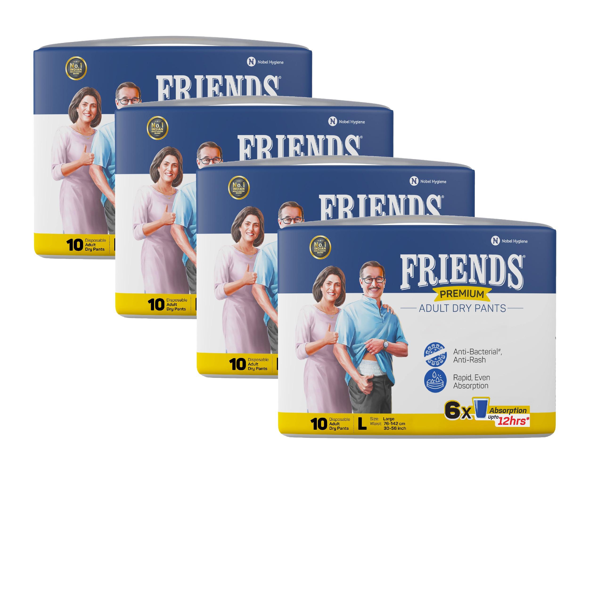 Friends Friends Premium Adult Diapers Pants Style - 40 Count (Large) with odour lock, Unisex, Leakproof, Elastic Waist and Anti-Bacterial Absorbent Core - Waist Size 30-56 inch; 76-142 cm