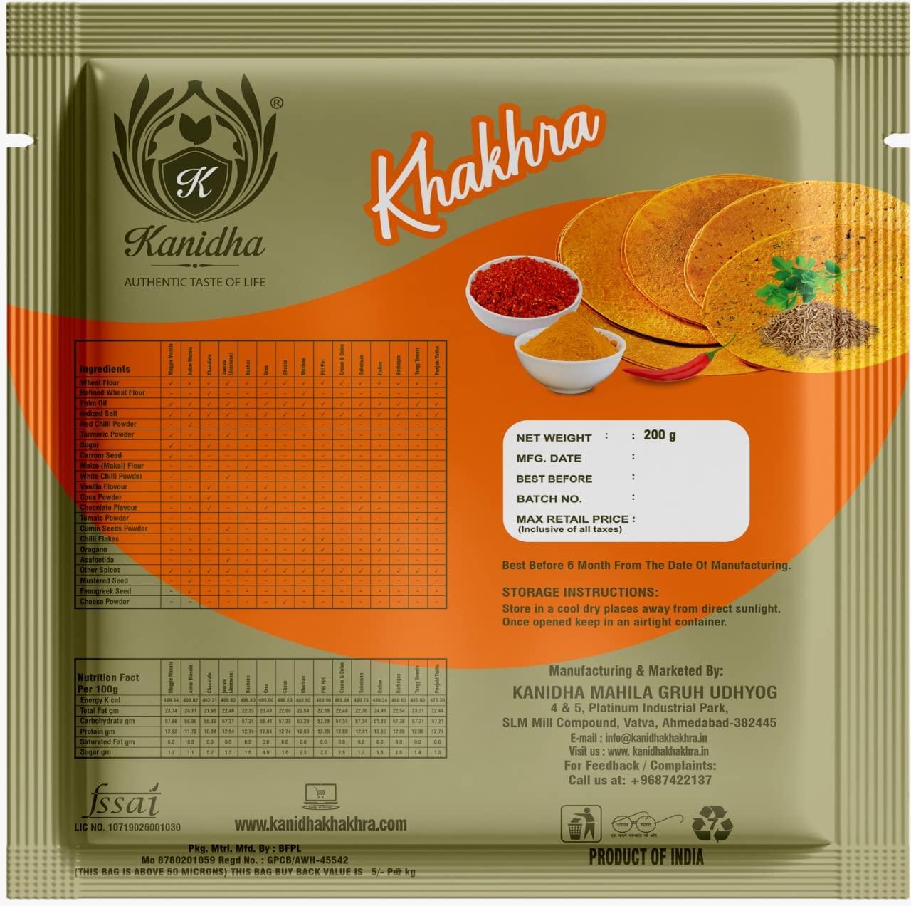 KANIDHA Kanidha Punjabi Tadka Khakhra, Mathiya Khakhra, Masala Khakhra and Tangy Tomato Khakhra, 800 Grams (Pack of 4)