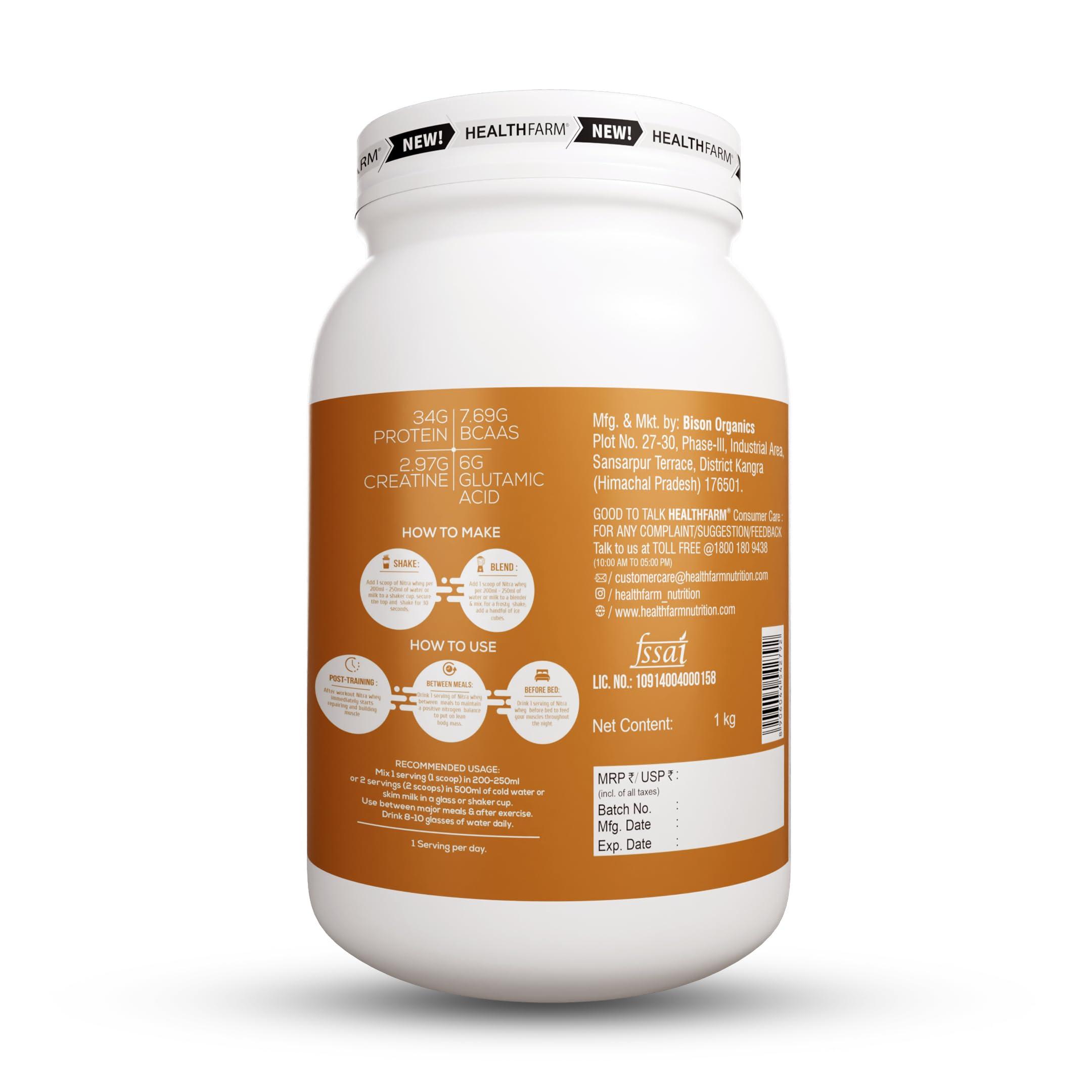 HEALTHFARM Healthfarm Nitra Whey Protein | 34g Protein Per Serving & 3g Added Creatine | Blend of Isolate & Concentrate Protein (Belgian Chocolate, 1kg)