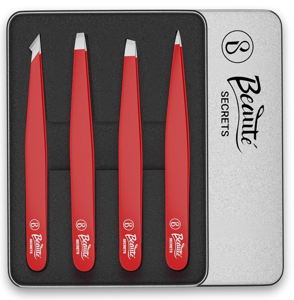 Beaut Secrets Beaut Secrets Luxury Tweezers Set - Professional Stainless Steel Tweezers, Best Precision Tweezers for Eyebrows - Great Precision for Facial Hair, Ingrown Hair, Splinter, Eyebrow Tweezers,Red