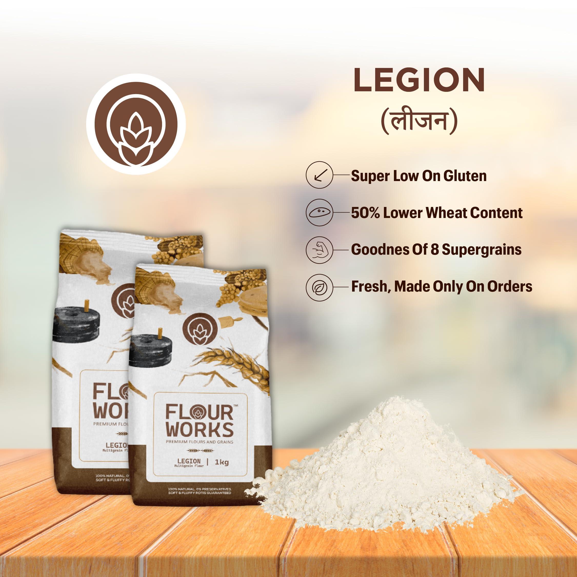 FLOUR WORKS FlourWorks Legion Multigrain Atta, 1 Kg | Premium Qualtiy 7 Grains Aata | Traditional Stone Ground | Soft and Fluffy Rotis | Nutrient-Rich & Heart-Healthy
