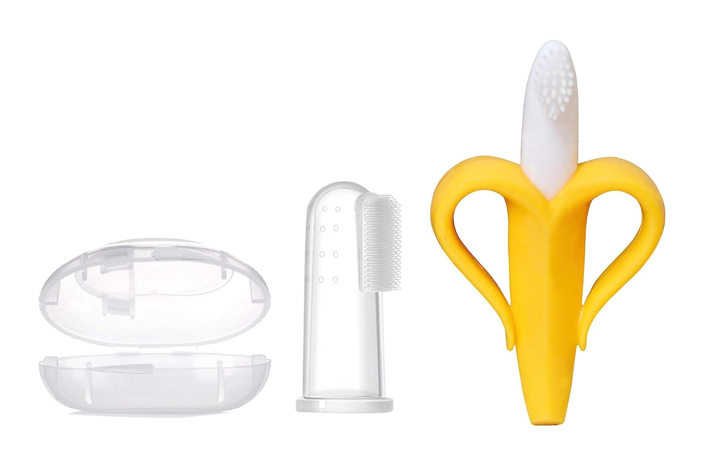 Generic Enorme Silicone Banana Shaped Toothbrush Teether and Baby Silicone Finger Toothbrush with case for Babies