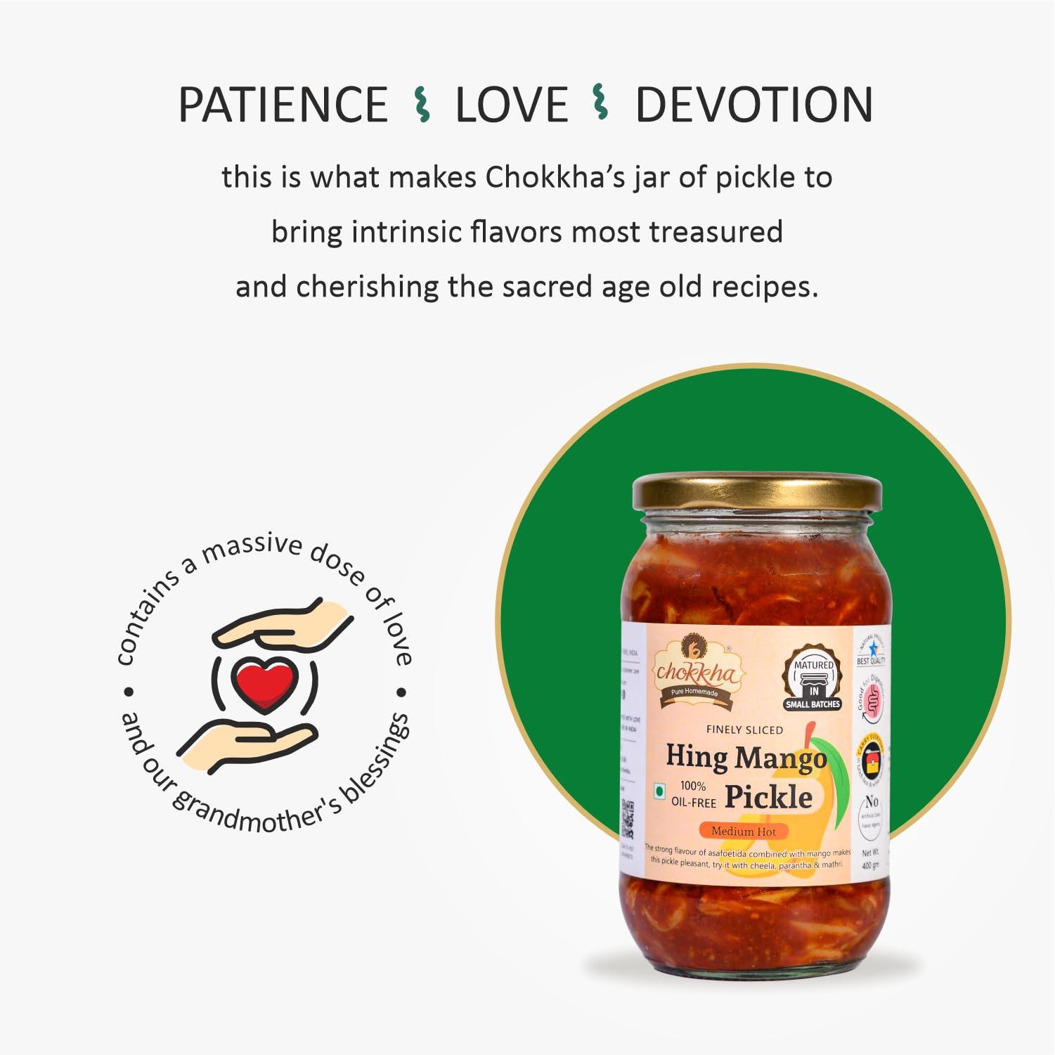 Chokkha Chokkha Traditional Homemade Hing Mango Pickle | Senda Namak | No Colour |100% Oil-Free | 200 Gm