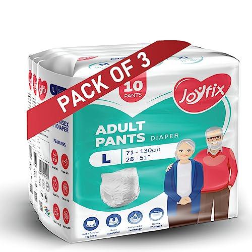 Joyfix JOYFIX Adult Diapers | Pant Style | Waist Size 71-130 cm (28\"-51\") | Large | Pack of 3 | Odour lock | Anti-Bacterial Absorbent - L (30 Pieces)