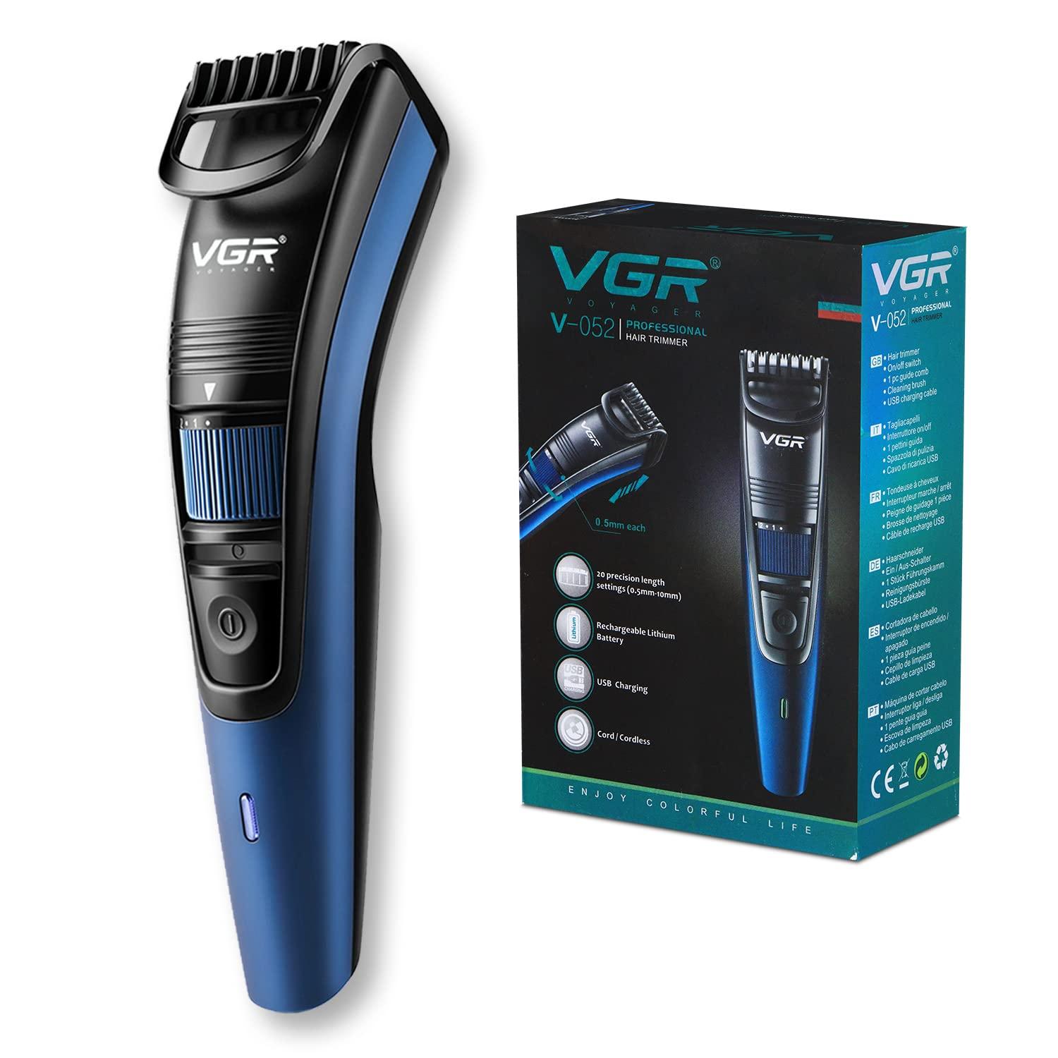 VGR VGR V-052 Professional Hair Trimmer for men  Adjustable Length Settings (0.5-10mm), USB Rechargeable, Cord/Cordless Operation, Washable Head, Includes Guide Comb & Cleaning Accessories (Blue)