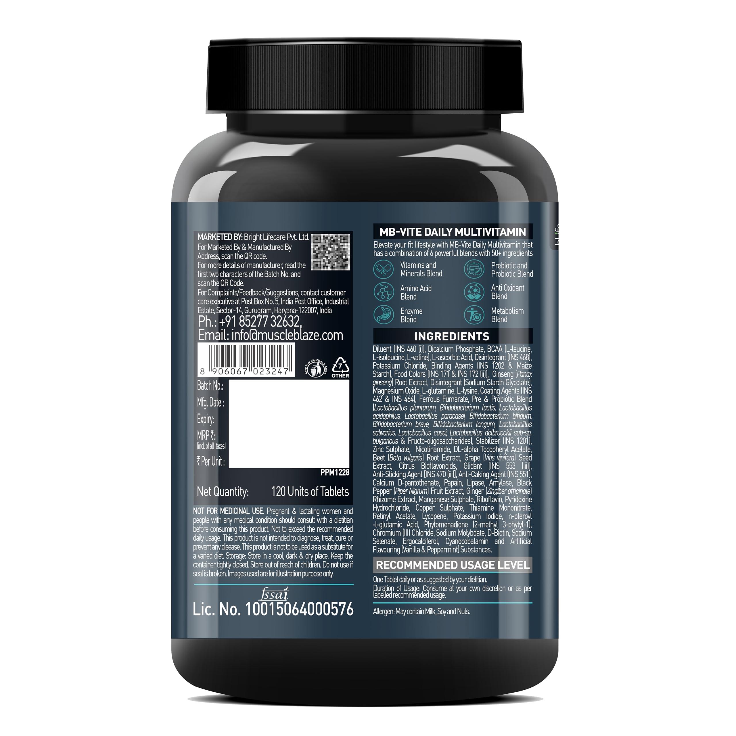 MuscleBlaze MuscleBlaze MB-Vite Daily Multivitamin (120 Tablets) | With 51 Ingredients & 6 Blends | Vitamins & Minerals, Prebiotic & Probiotics, Amino Acid Blends | For Energy, Stamina & Recovery