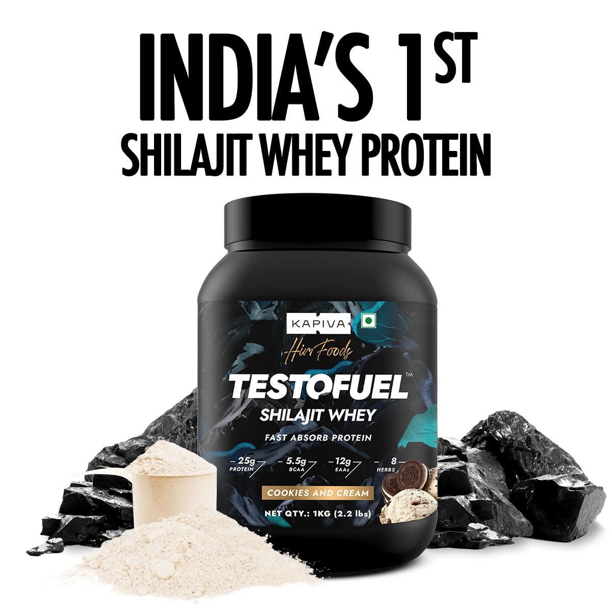 Kapiva Kapiva Testofuel Shilajit Whey Protein| 25g Protein | 250mg Shilajit | 5.5g BCAA | Cookies & Cream | Faster Absorption | Digezyme blend | WADA Compliant | 1Kg/ 2.2lb