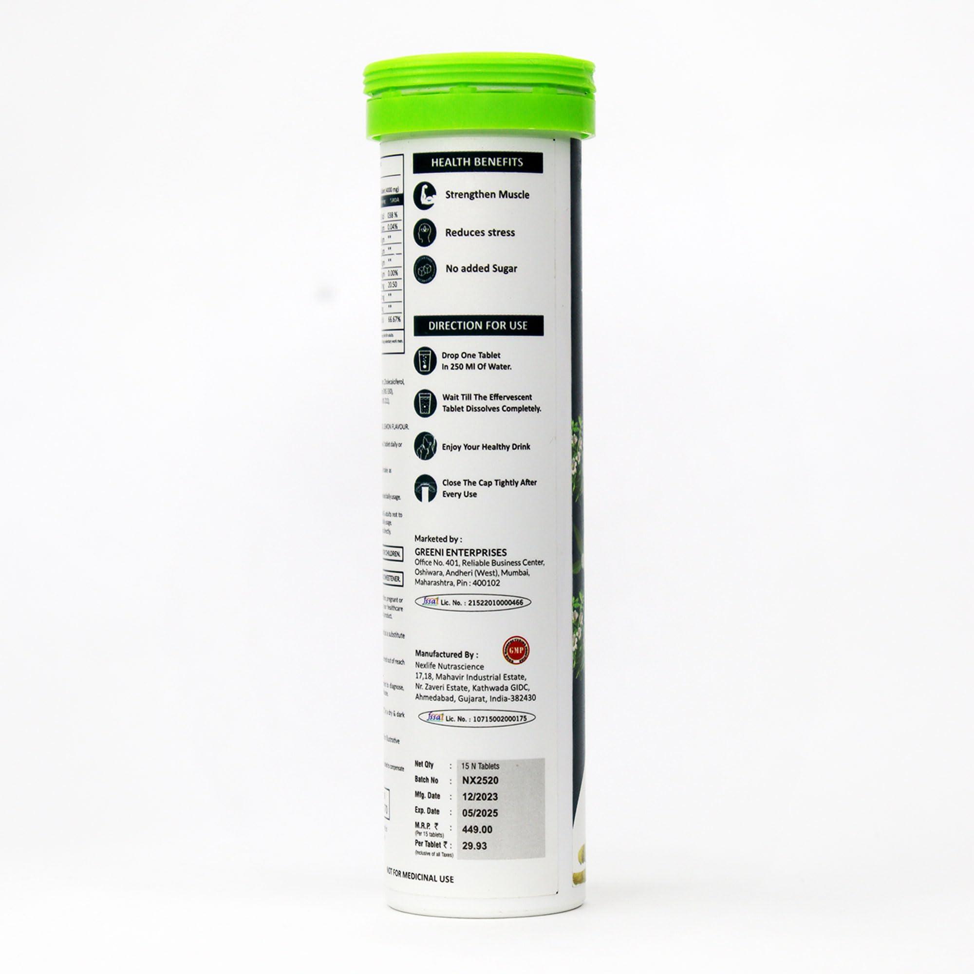 Greeni Greeni Ashwagandha Effervescent Tablets with Brahmi and Natural Herbs (Pack of 4, 60 Tablets)