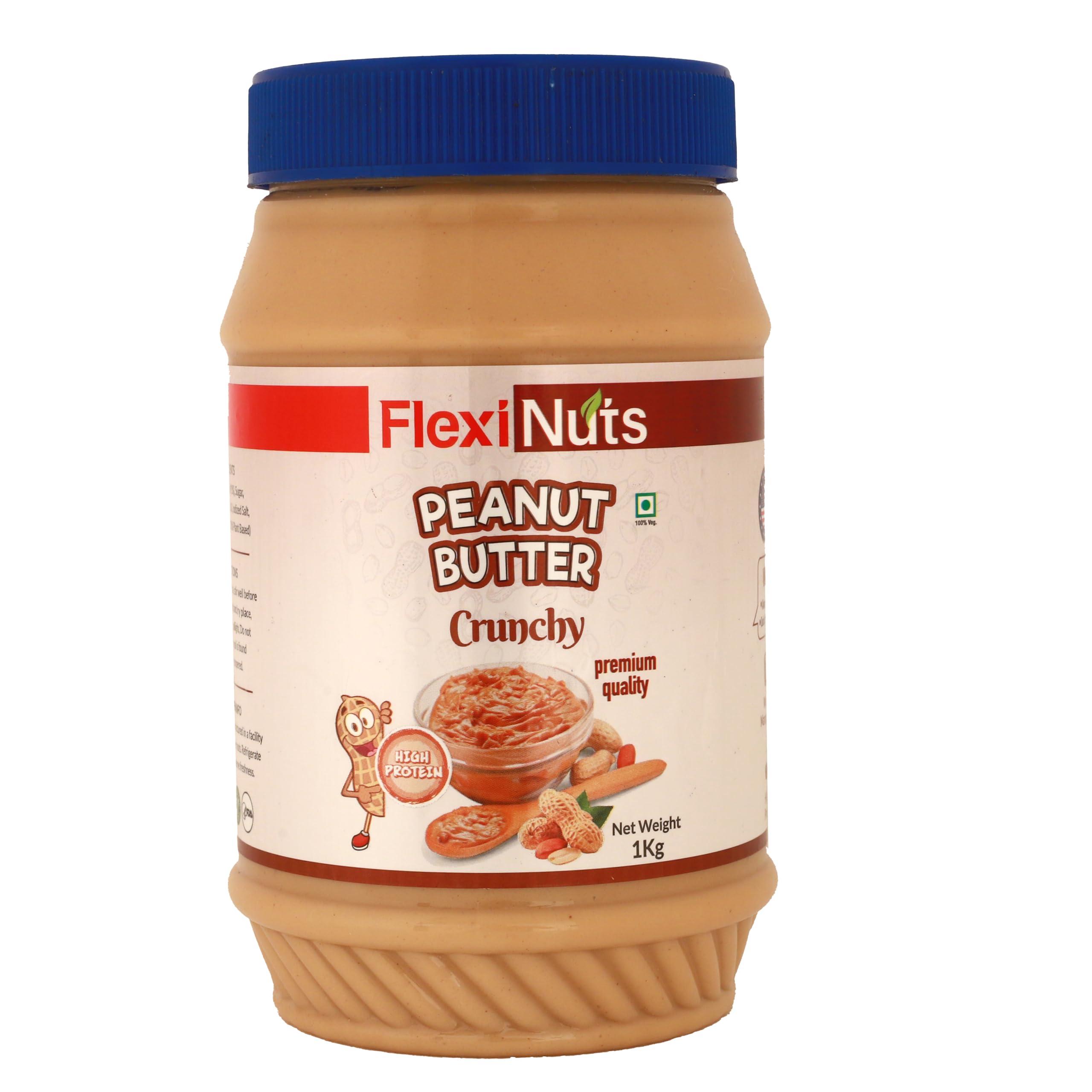 FlexiNuts FLEXINUT All-Natural Peanut Butter (Crunchy) | No Added Sugar | Non GMO | Gluten Free | Vegan | Cholesterol Free (1KG)