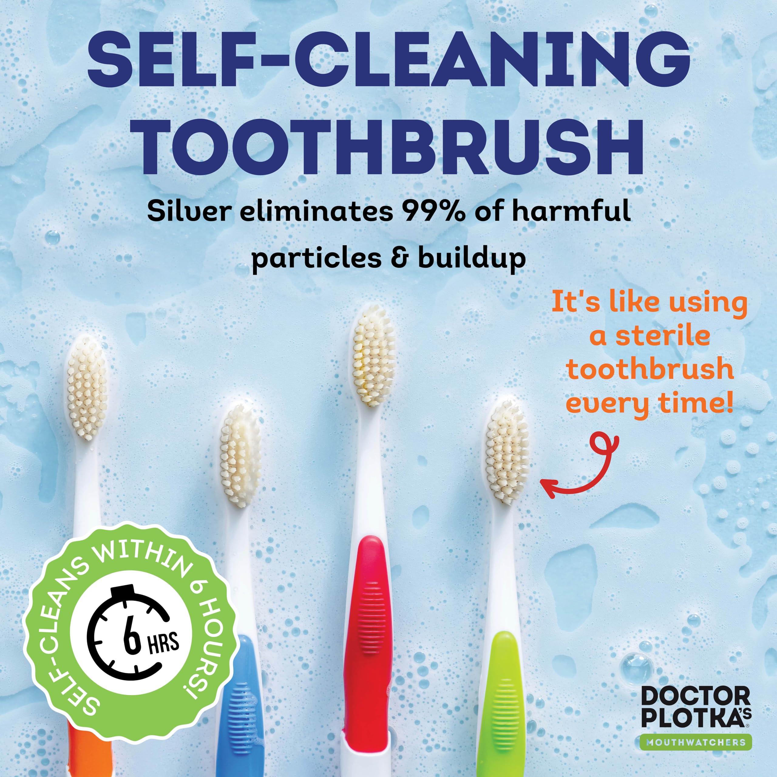 MOUTHWATCHERS MOUTHWATCHERS - Manual Toothbrushes - Clean Teeth for Adult - 4 Count - Floss Bristle Silver - Invented by Doctor Plotka's - Red