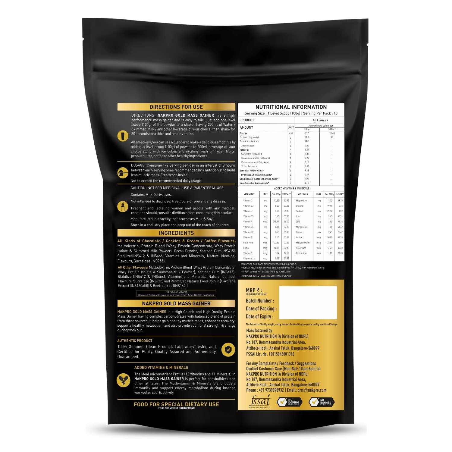 NAKPRO Nakpro Gold Mass Gainer Powder 5Kg, Banana| Lean Muscle Whey Protein Mass Gainer | 21g Protein, 68g Carb, 372 Calories Per Scoop for Muscle Support & Muscle Mass Gain