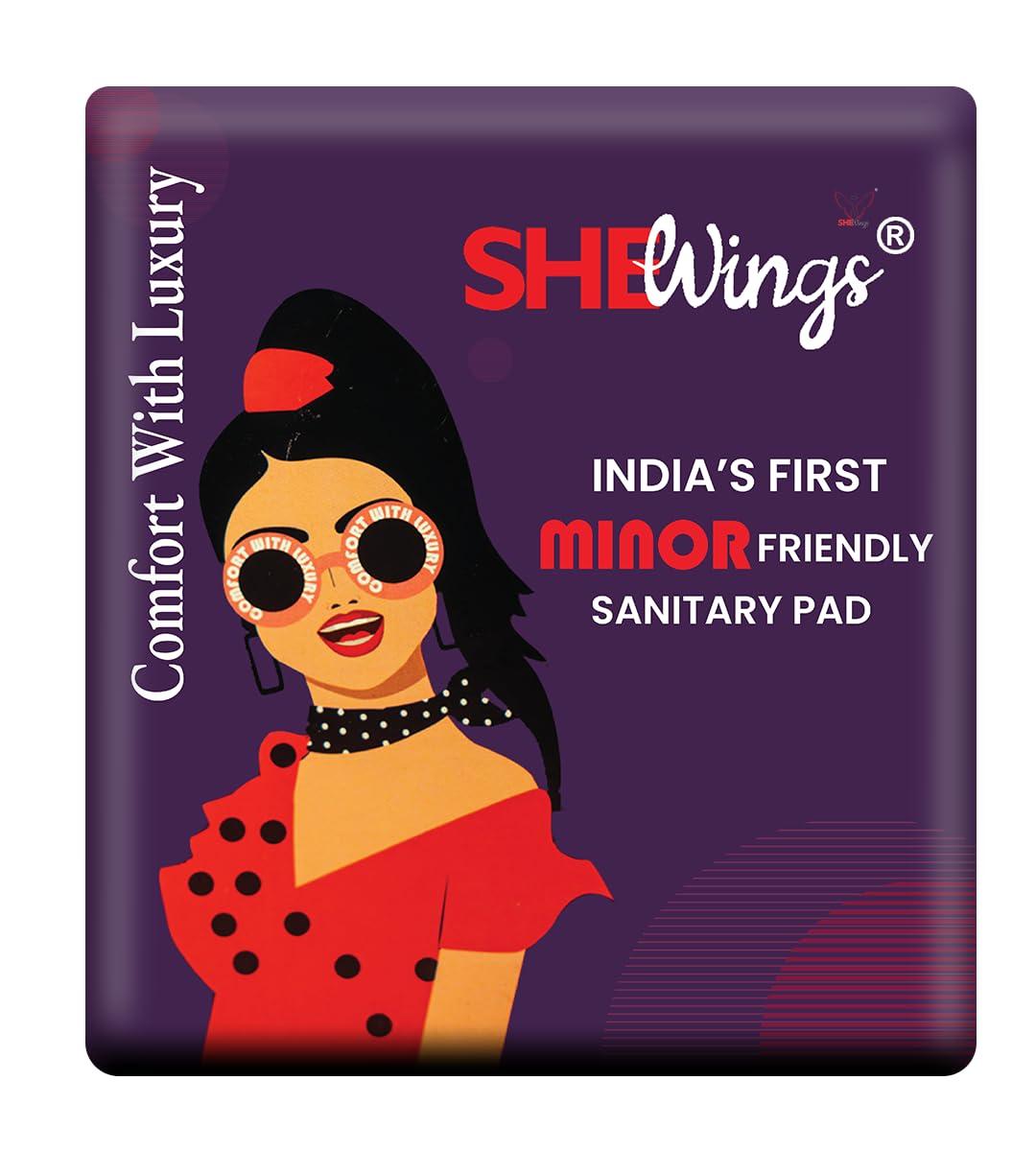 SheWings SHEWings Minor Friendly Sanitary Pads | 12 XXL Ultra Thin Sanitary pads | 100% Cotton Top Sheet | Teen friendly |100% Leakproof | Rash Free | Unscented | Pack of 12 Pads - With Disposable Bags | For all age groups |