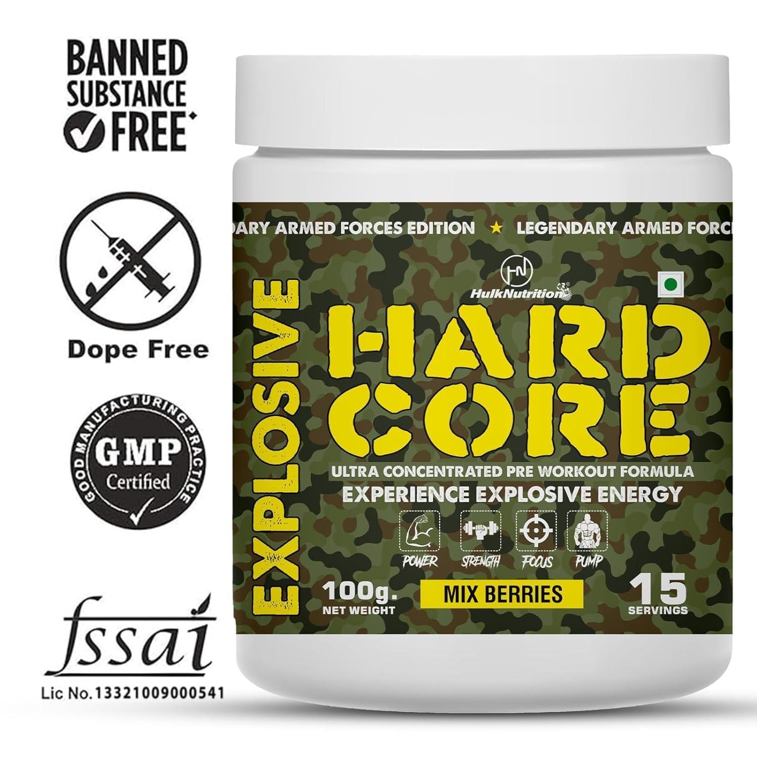 HulkNutrition Hulk Nutrition Hardcore Pre-Workout Supplement, Energy Drink with Creatine Monohydrate, Arginine AAKG, Beta-Alanine, Explosive Muscle Pump, Caffeinated Punch - For Men & Women [15 Servings, Mix Berries] Free Gallon Shaker Bottle