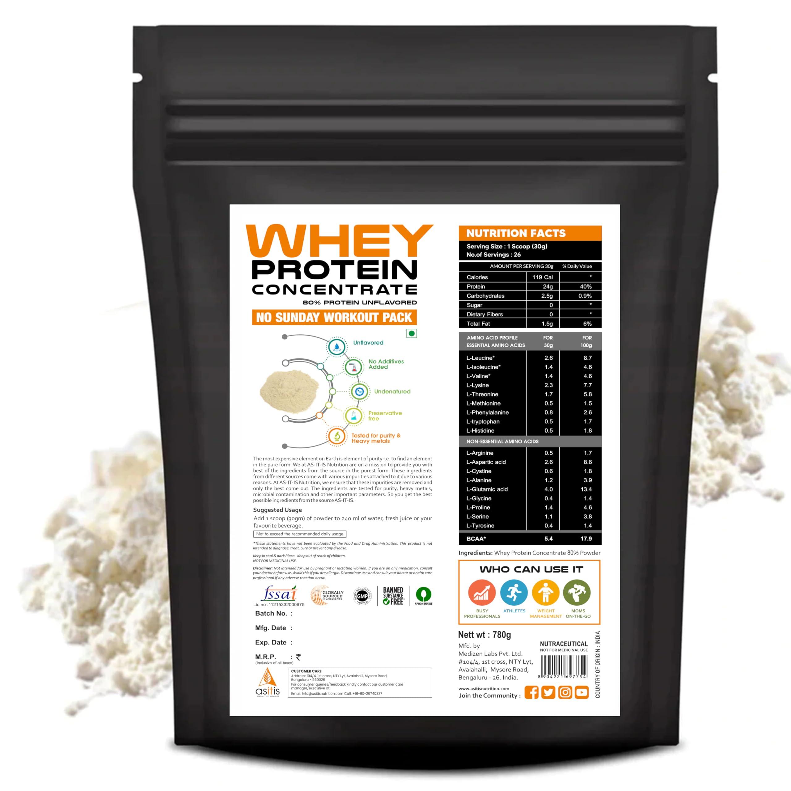 Asitis Nutrition AS-IT-IS Nutrition Whey Protein Concentrate, No Sunday Workout Pack - 780gms | Unflavoured | Lab tested